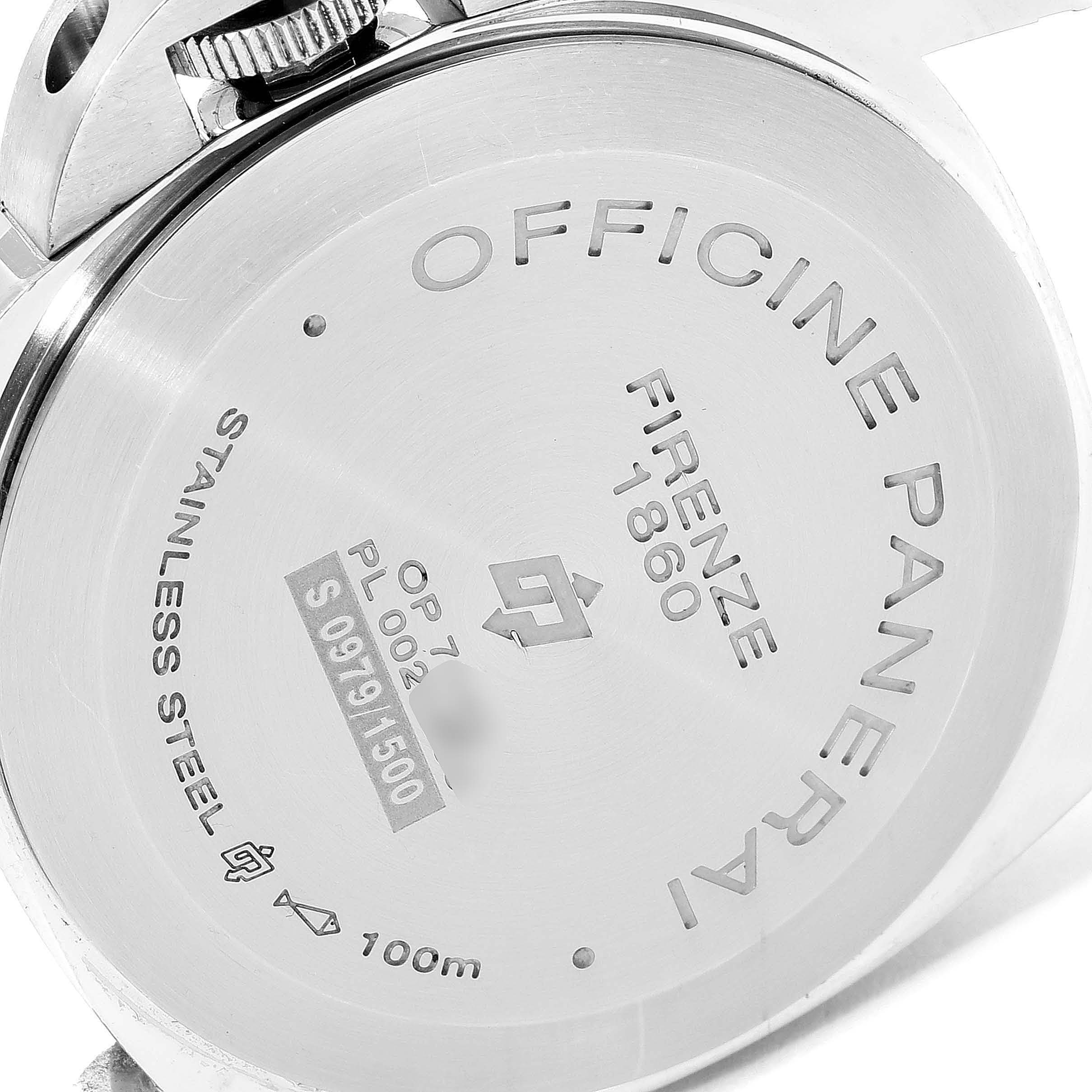 This image shows the back case of a Panerai Luminor PAM00631 Men's Stainless Steel Black Dial PAM00631 Men's Stainless Steel Black Dial watch, highlighting its engravings and stainless steel material.