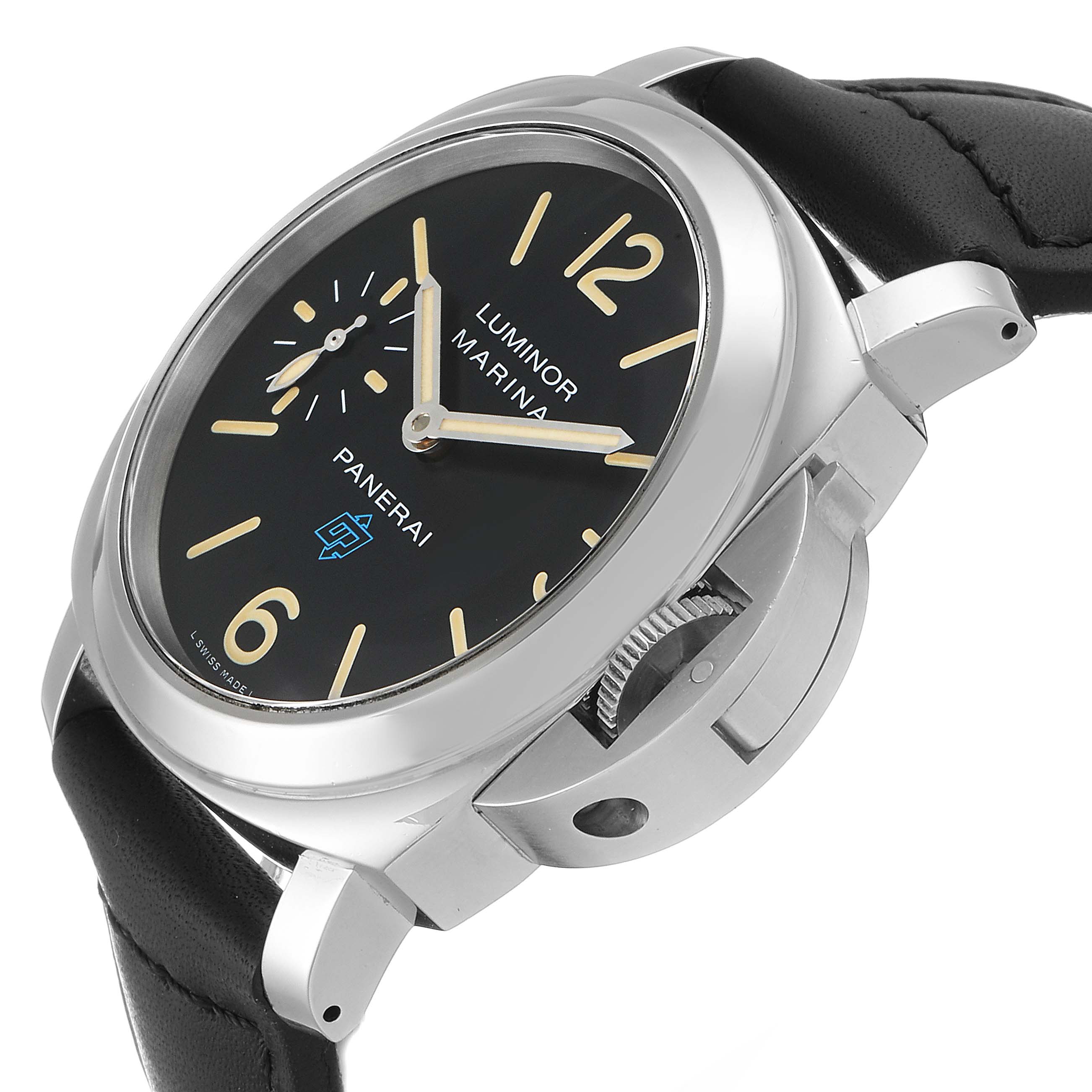 The image shows a Panerai Luminor PAM00631 Men's Stainless Steel Black Dial PAM00631 Men's Stainless Steel Black Dial watch from a three-quarter angle, highlighting its face, crown guard, and black leather strap.
