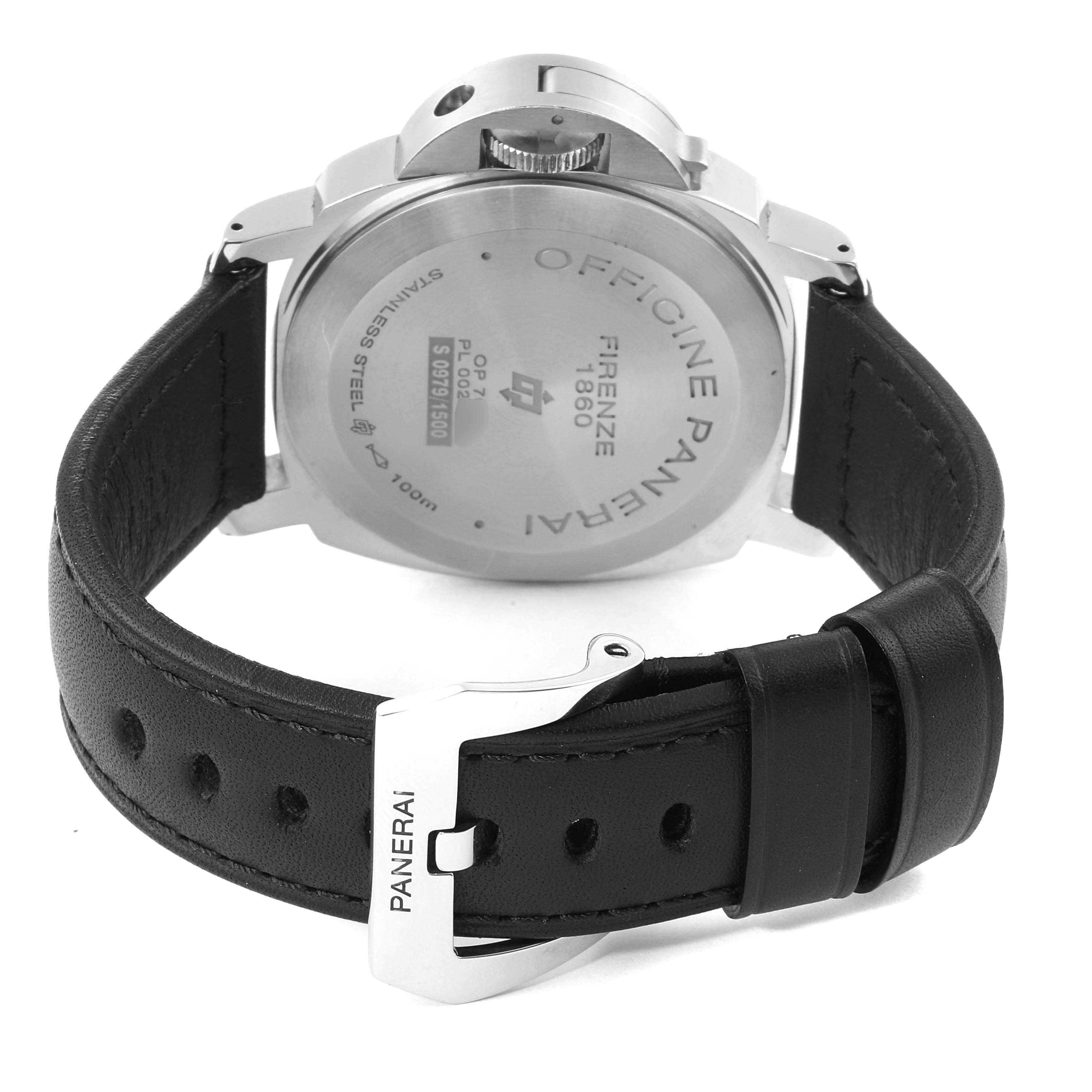 The image shows the back view of the Panerai Luminor PAM00631 Men's Stainless Steel Black Dial PAM00631 Men's Stainless Steel Black Dial watch, highlighting the case back and black leather strap with a PANERAI buckle.