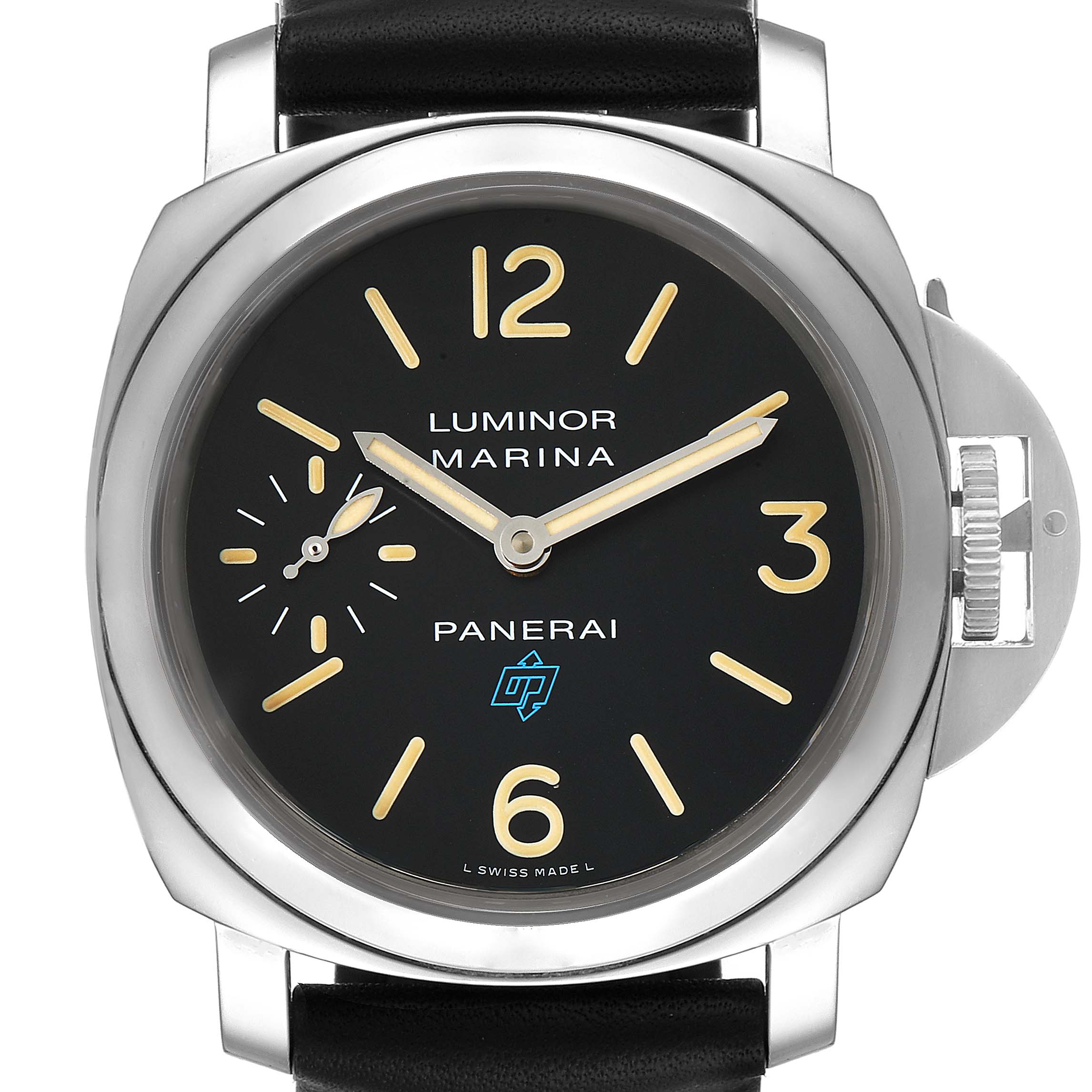 The image shows a front view of a Panerai Luminor PAM00631 Men's Stainless Steel Black Dial PAM00631 Men's Stainless Steel Black Dial Marina watch, displaying its dial, case, and crown protector.