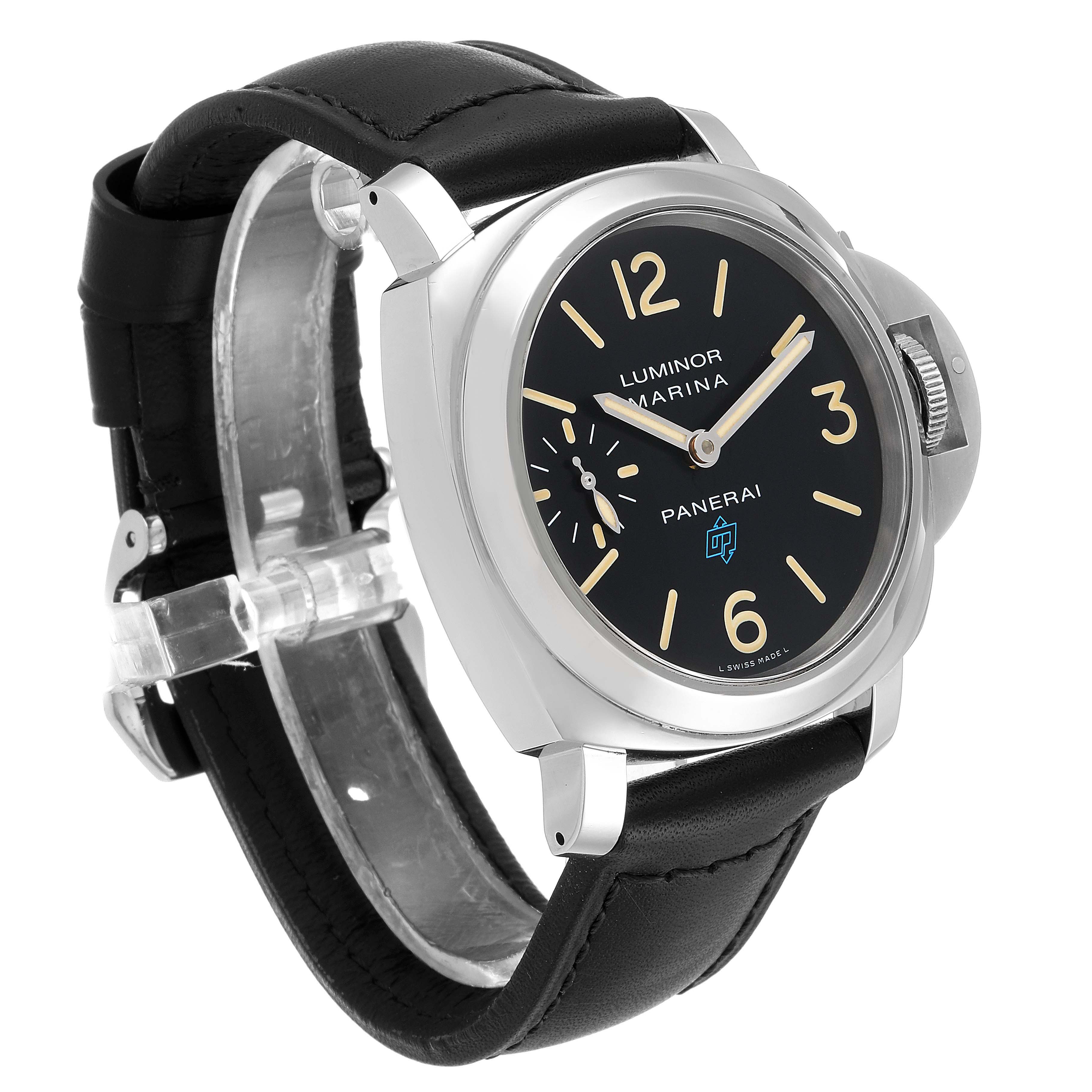 The image shows a Panerai Luminor PAM00631 Men's Stainless Steel Black Dial PAM00631 Men's Stainless Steel Black Dial watch at an angle showcasing the face, crown guard, and black leather strap.