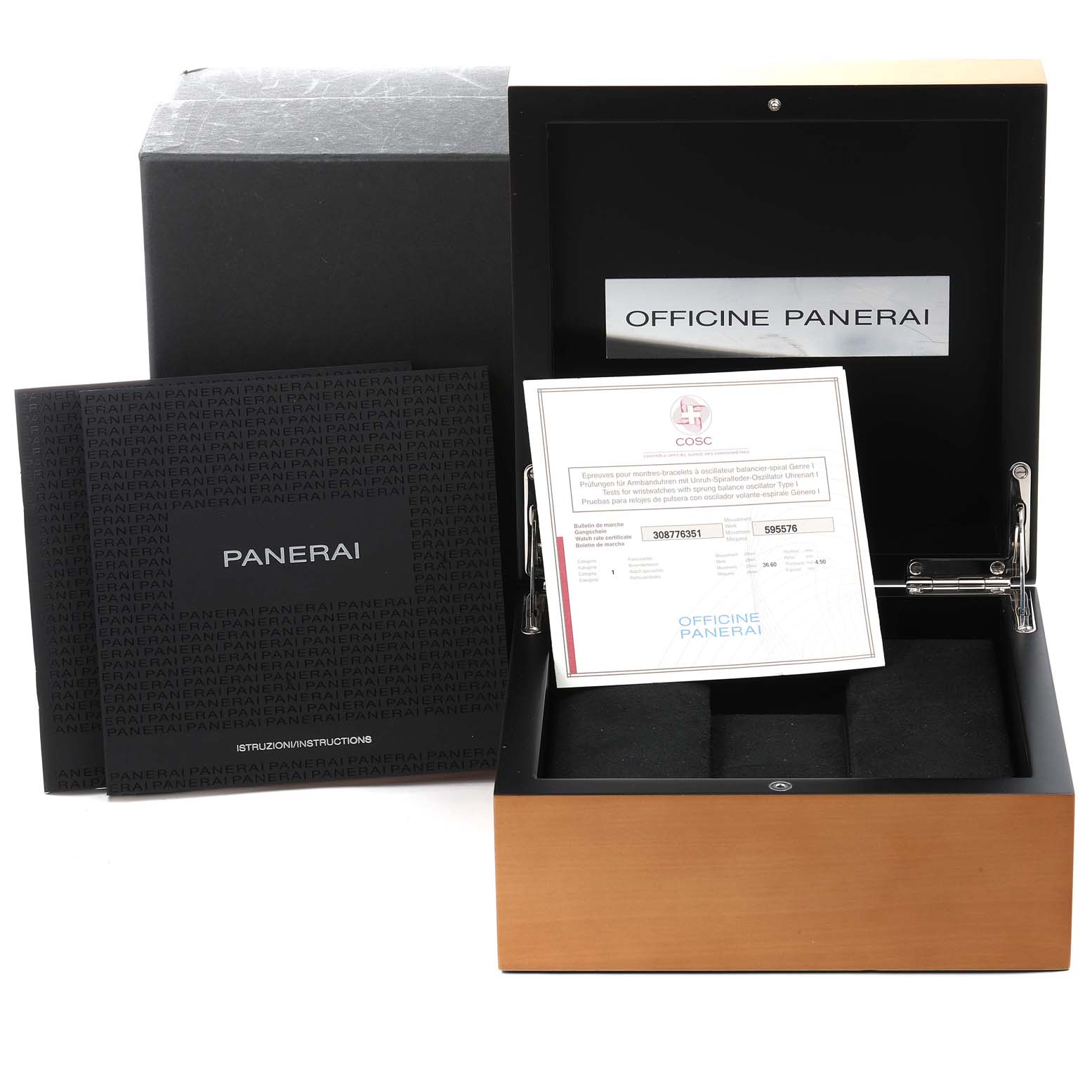The image shows the packaging, warranty card, and manuals of the Luminor model by Panerai.