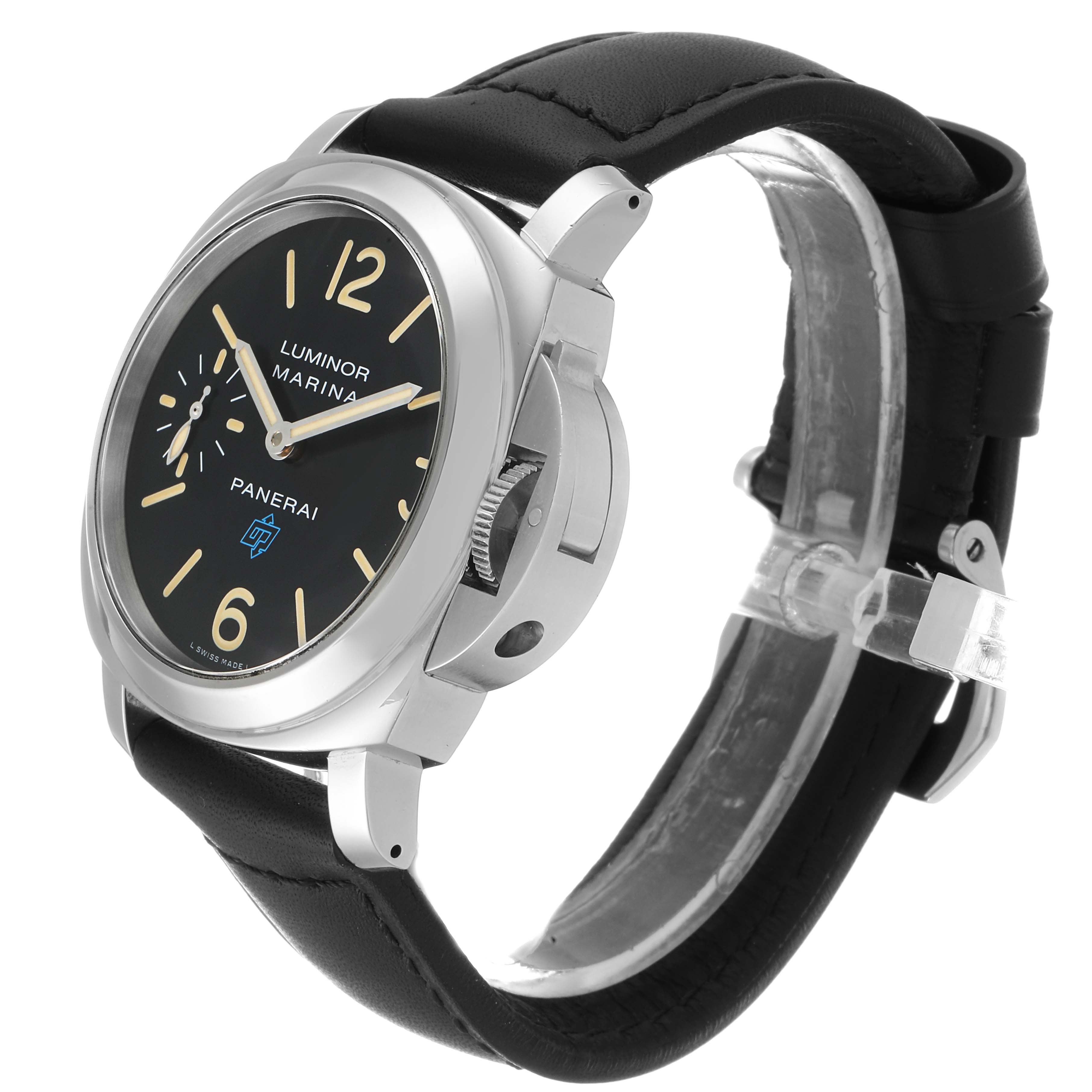 The image shows a side angle view of the Panerai Luminor PAM00631 Men's Stainless Steel Black Dial PAM00631 Men's Stainless Steel Black Dial Marina watch, highlighting its case, dial, crown guard, and strap.