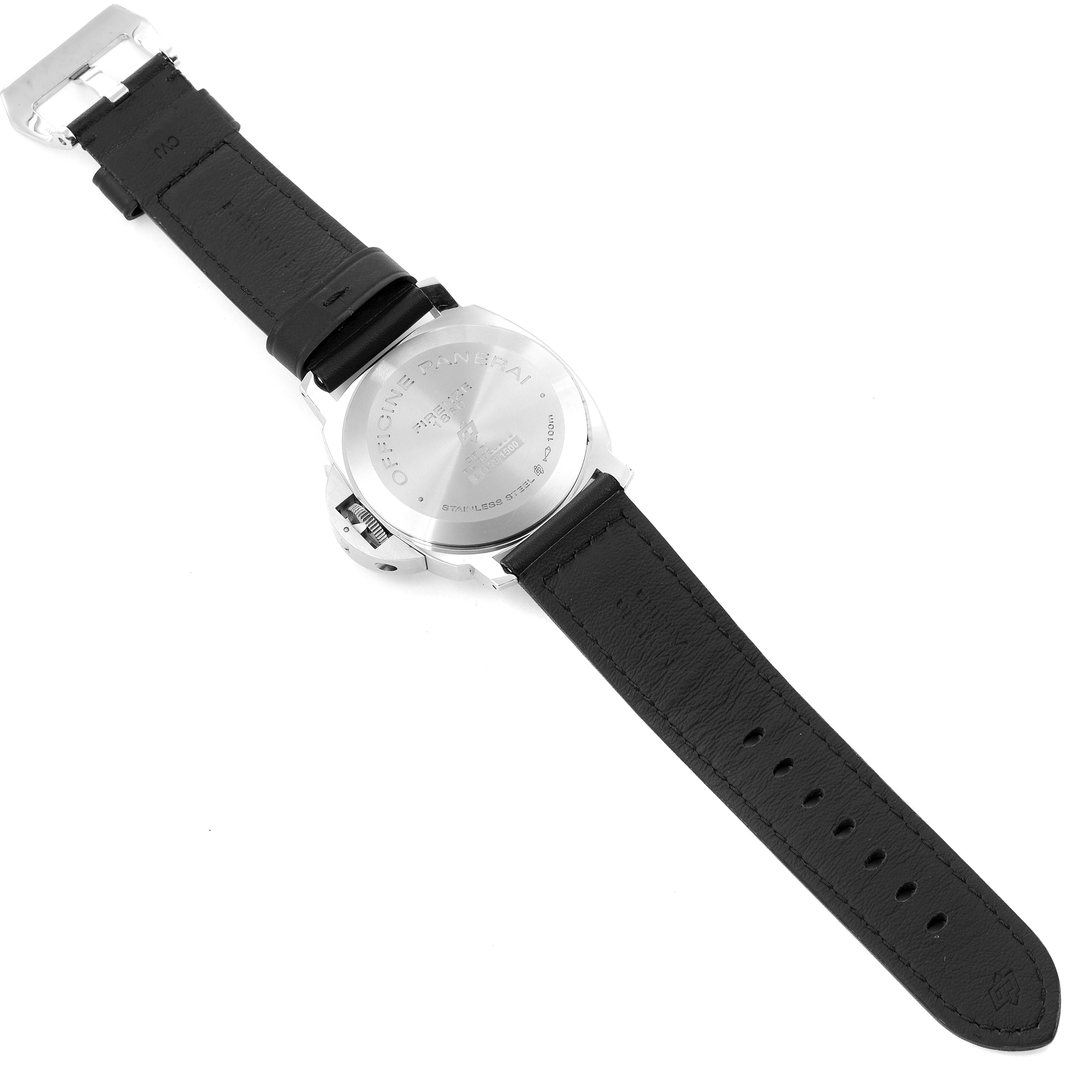 The image shows the back and strap of a Panerai Luminor PAM00631 Men's Stainless Steel Black Dial PAM00631 Men's Stainless Steel Black Dial watch from a top-down angle.