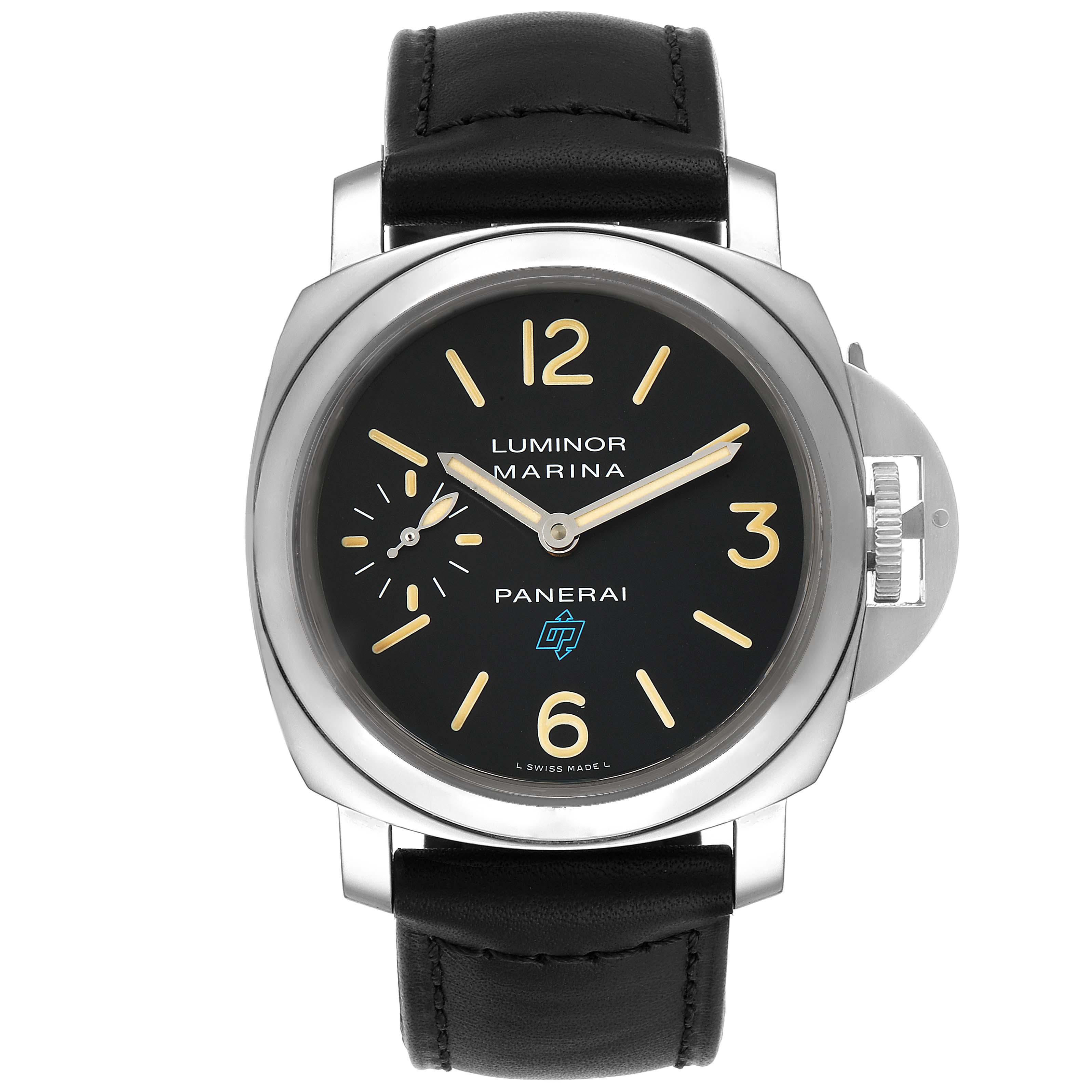 The image shows a front view of a Panerai Luminor PAM00631 Men's Stainless Steel Black Dial PAM00631 Men's Stainless Steel Black Dial watch, displaying the black dial, hour markers, and leather strap.