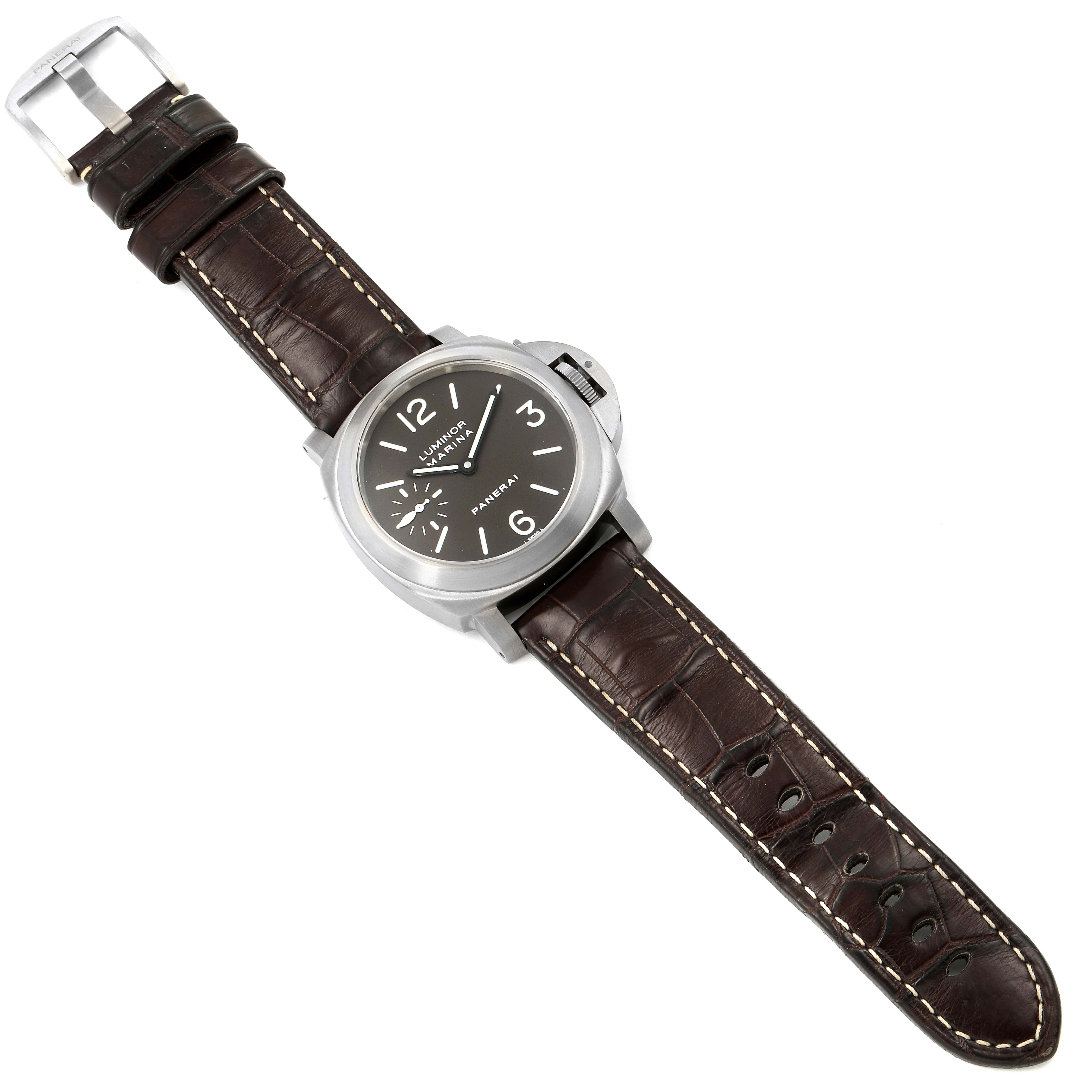 The Panerai Luminor PAM00118 Men's Titanium Brown Dial PAM00118 Men's Titanium Brown Dial watch is shown from a top view, displaying its face, case, and brown leather strap.
