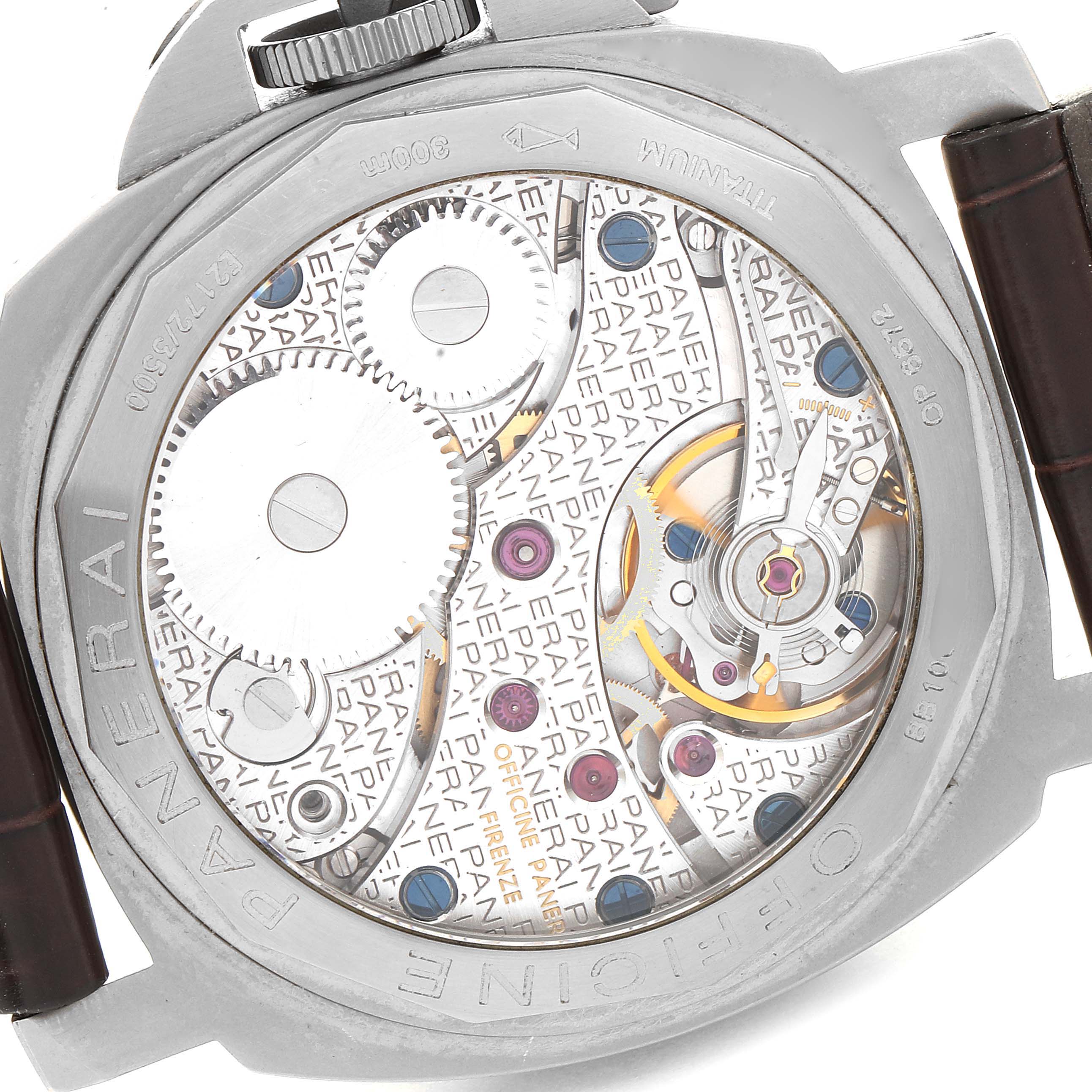 The image shows the back view of a Panerai Luminor PAM00118 Men's Titanium Brown Dial PAM00118 Men's Titanium Brown Dial watch, displaying its intricate internal mechanical components.