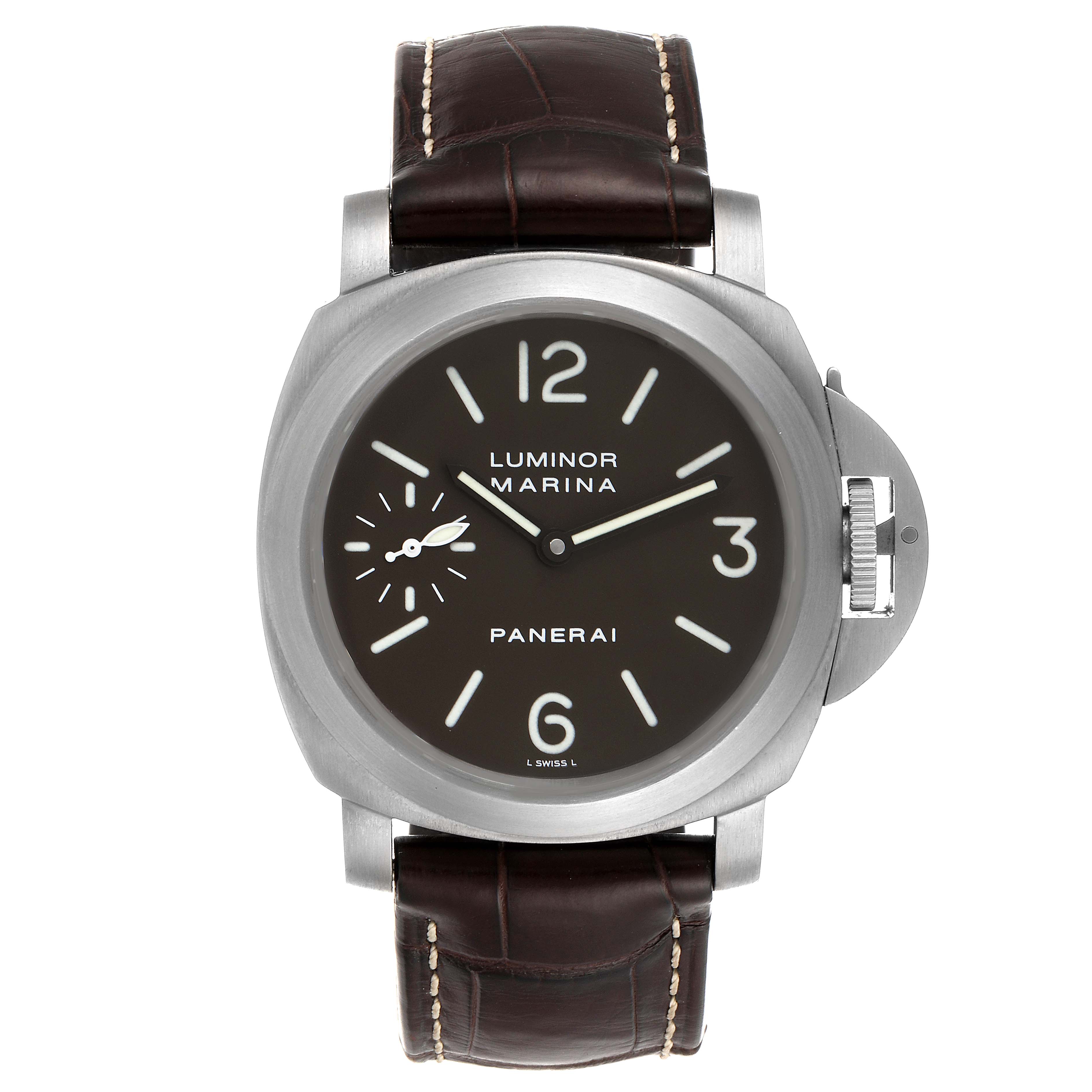 This image shows a front view of a Panerai Luminor PAM00118 Men's Titanium Brown Dial PAM00118 Men's Titanium Brown Dial watch, highlighting its dial, case, and leather strap.