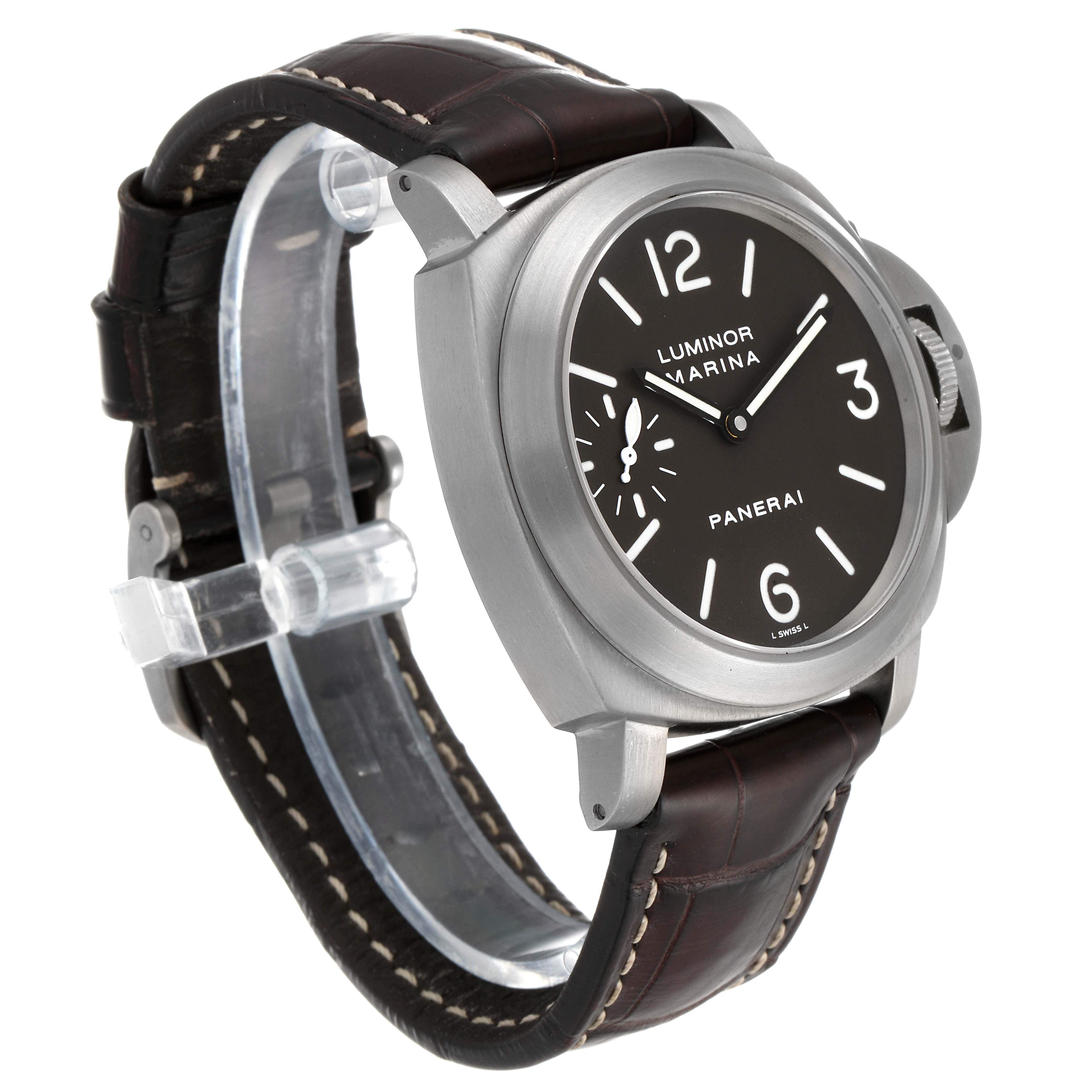 The image shows a Panerai Luminor PAM00118 Men's Titanium Brown Dial PAM00118 Men's Titanium Brown Dial watch at a slight angle, highlighting its dial, case, and leather strap.