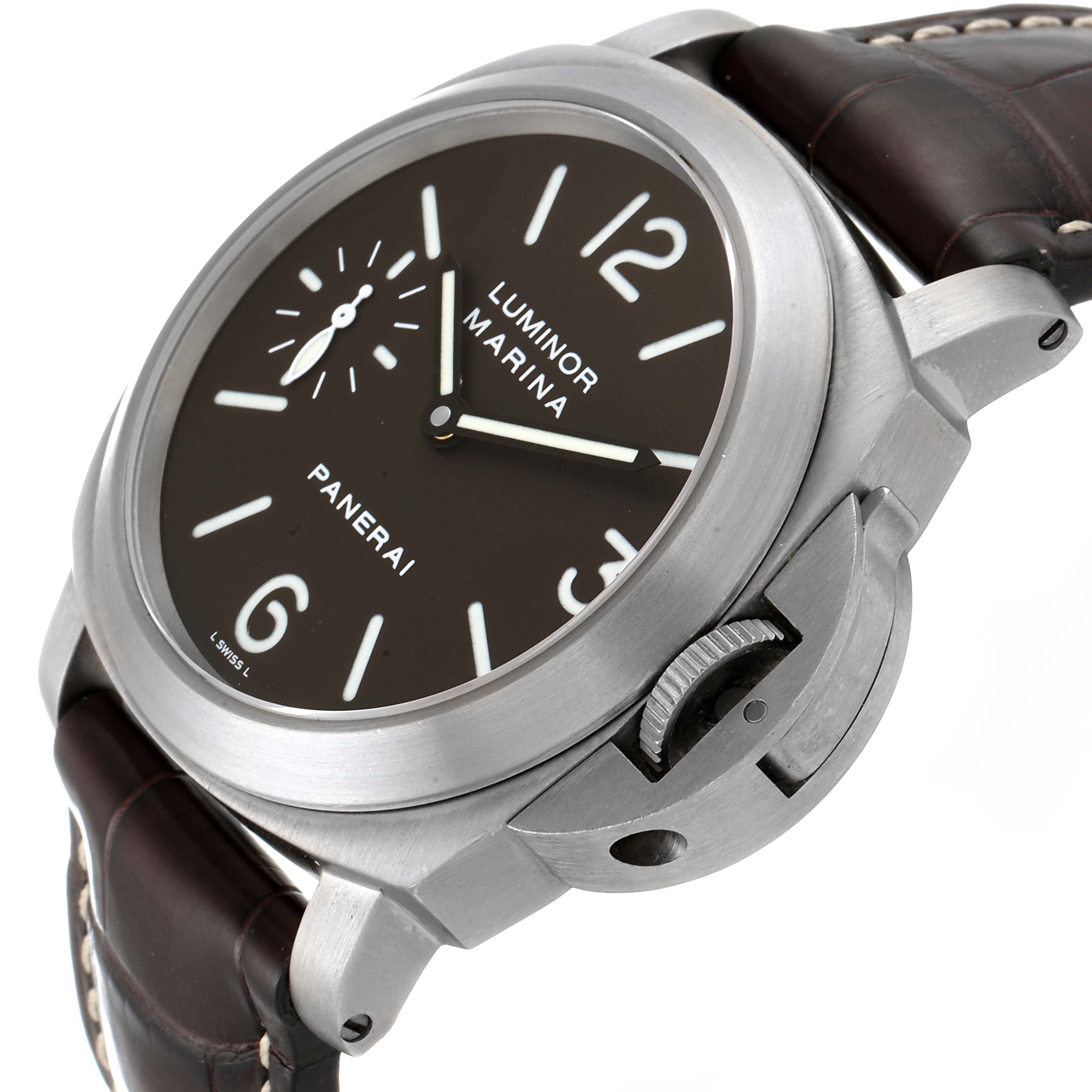 The image shows a close-up angle of a Panerai Luminor PAM00118 Men's Titanium Brown Dial PAM00118 Men's Titanium Brown Dial watch, highlighting the dial, crown guard, and leather strap.