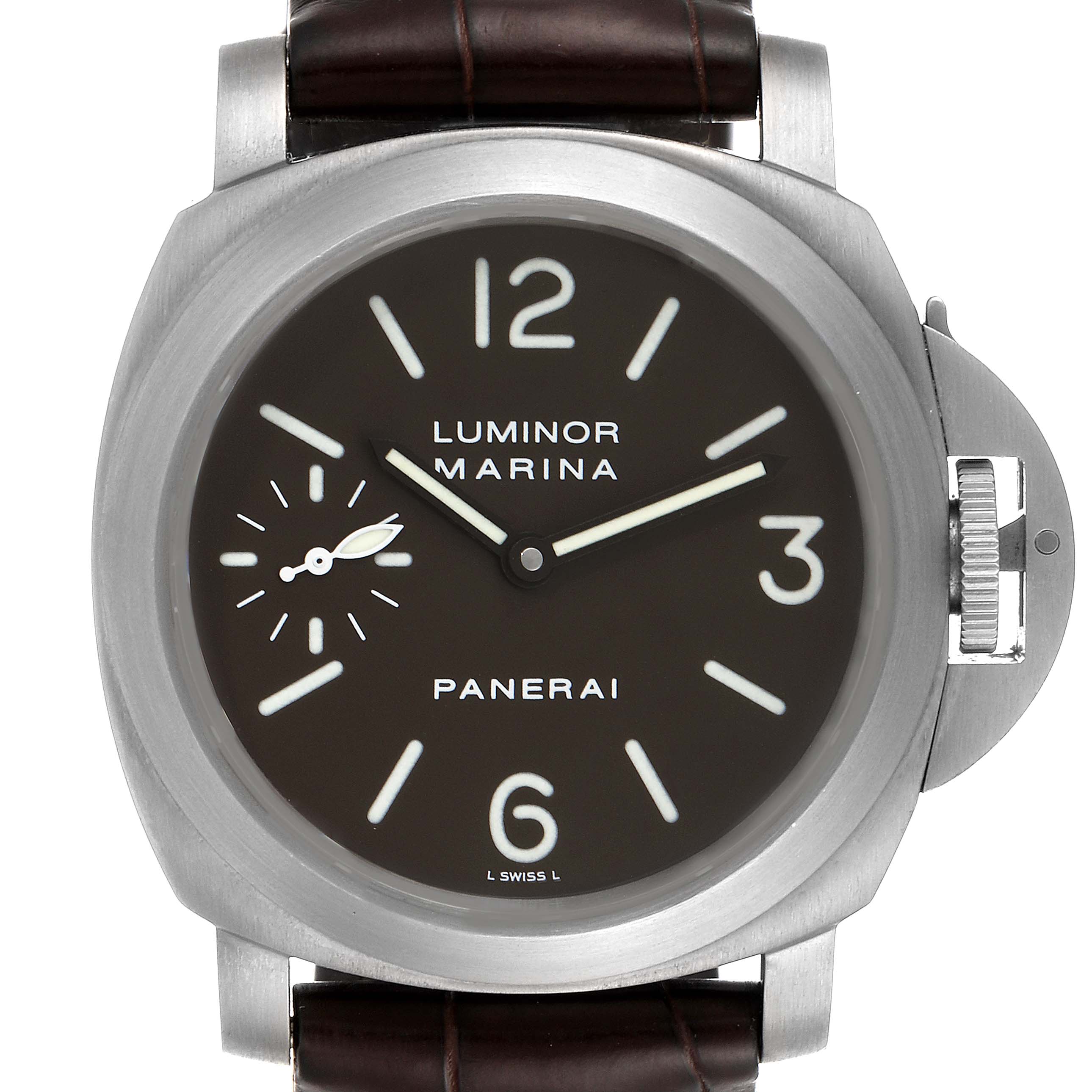 The image shows a front view of the Panerai Luminor PAM00118 Men's Titanium Brown Dial PAM00118 Men's Titanium Brown Dial Marina watch, displaying its dial, bezel, and sections of the strap.