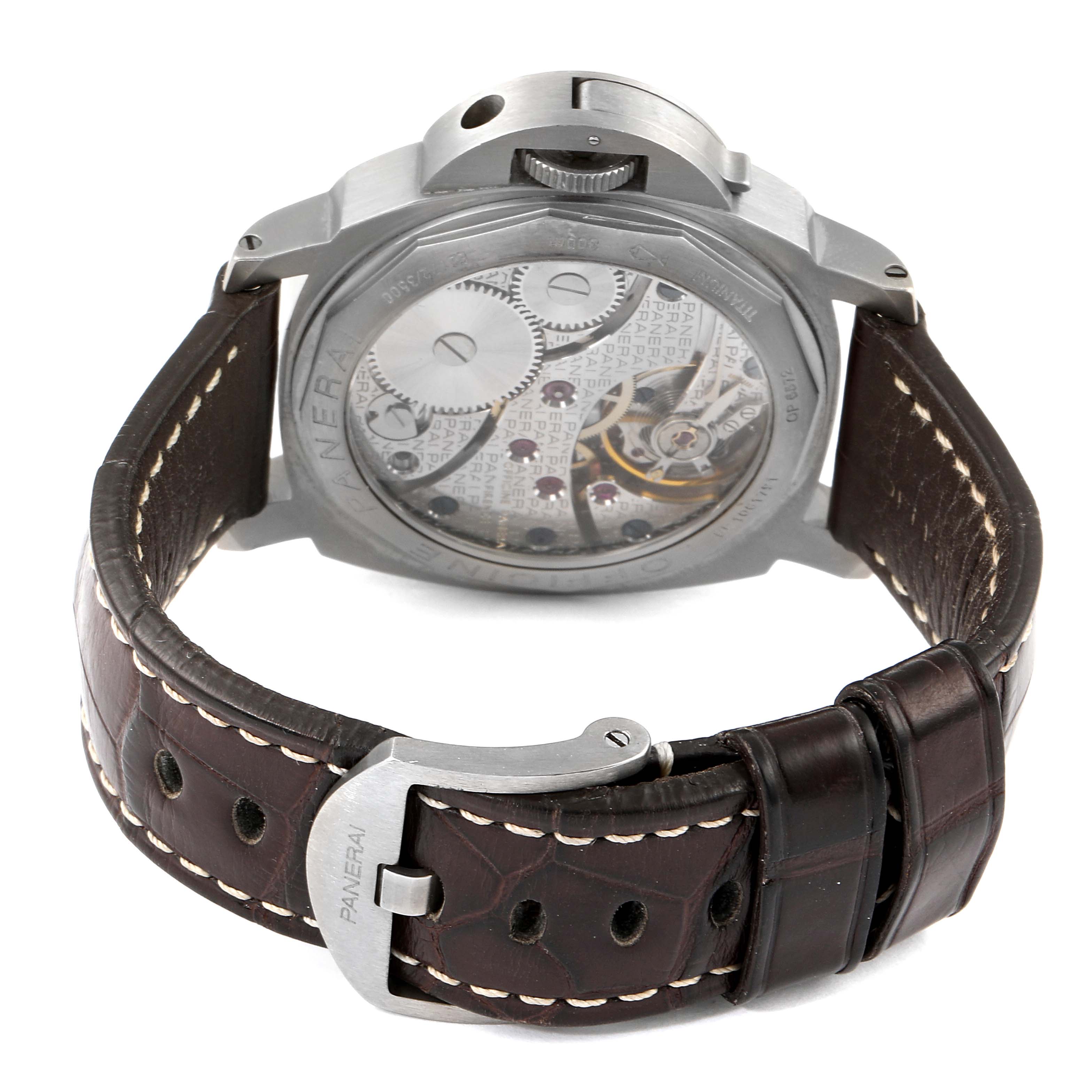 The image shows the back and side view of a Panerai Luminor PAM00118 Men's Titanium Brown Dial PAM00118 Men's Titanium Brown Dial watch, highlighting the transparent case back and leather strap.