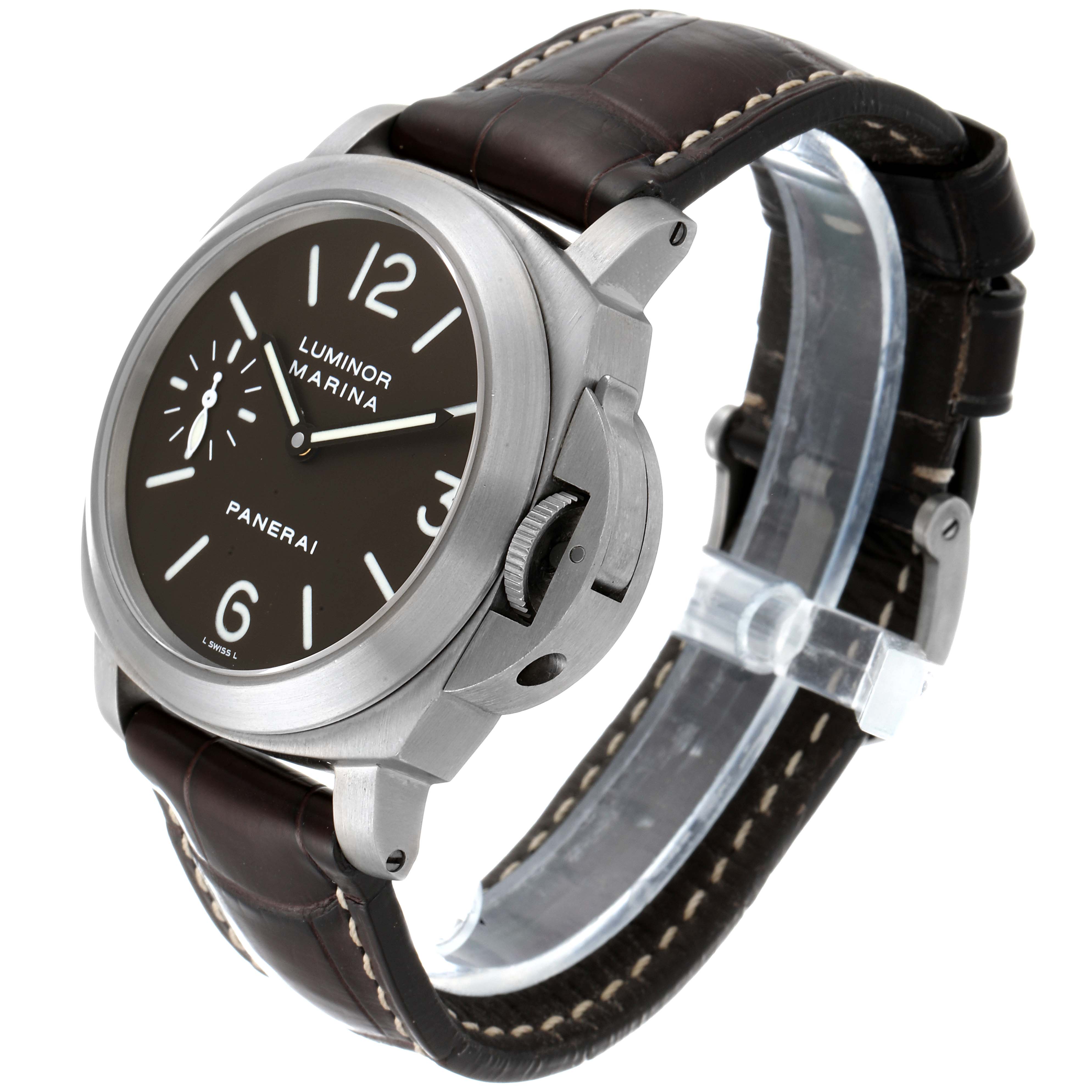 The Panerai Luminor PAM00118 Men's Titanium Brown Dial PAM00118 Men's Titanium Brown Dial watch is shown from a three-quarter angle highlighting the face, case, and leather strap.