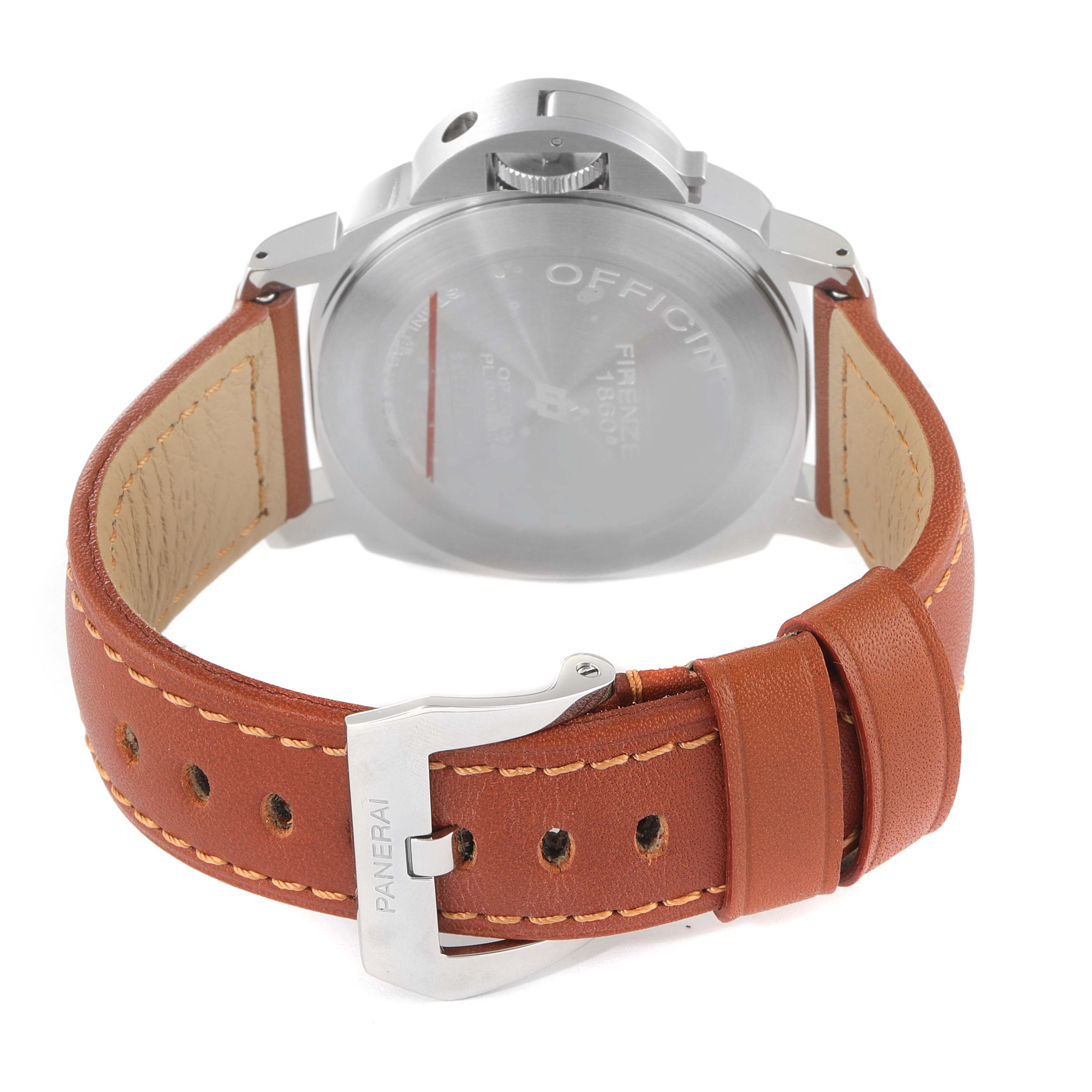 This image shows the back view of a Panerai Luminor PAM00660 Men
s Stainless Steel White Dial PAM00660 Men
s Stainless Steel White Dial watch, highlighting the leather strap and buckle.