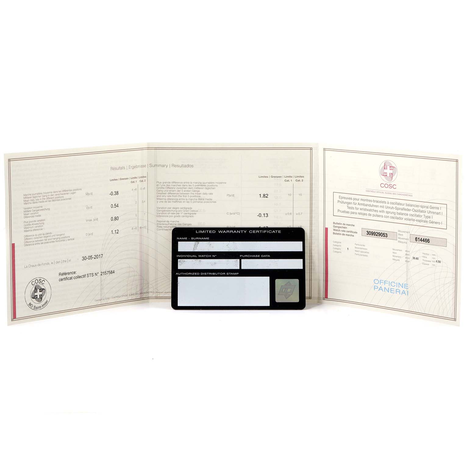 The image shows the warranty certificate and booklet for a Panerai Luminor PAM00660 Men
s Stainless Steel White Dial PAM00660 Men
s Stainless Steel White Dial watch, displayed on a flat surface.