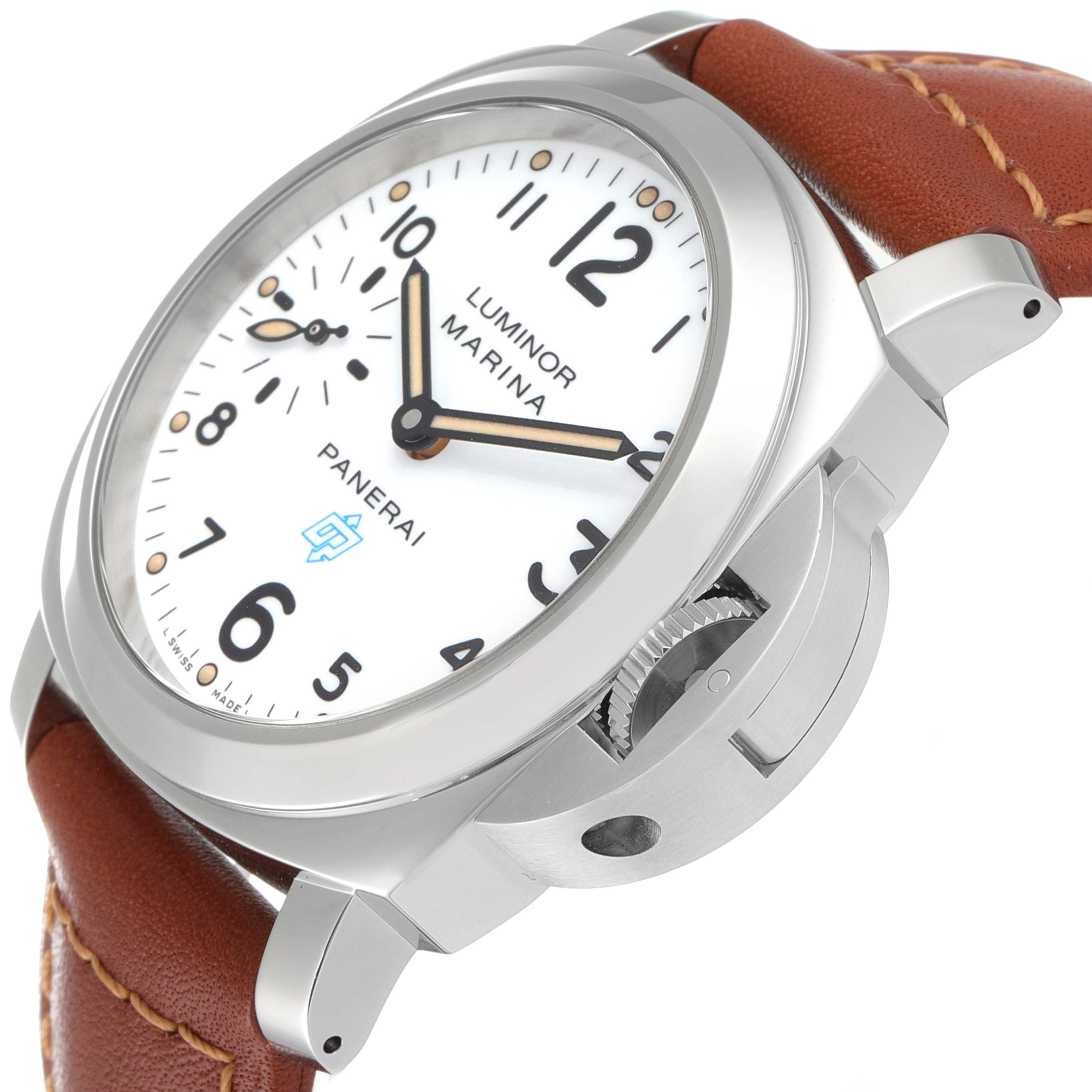 This image shows a close-up angled view of the Panerai Luminor PAM00660 Men
s Stainless Steel White Dial PAM00660 Men
s Stainless Steel White Dial Marina watch, highlighting its dial, case, and crown guard.