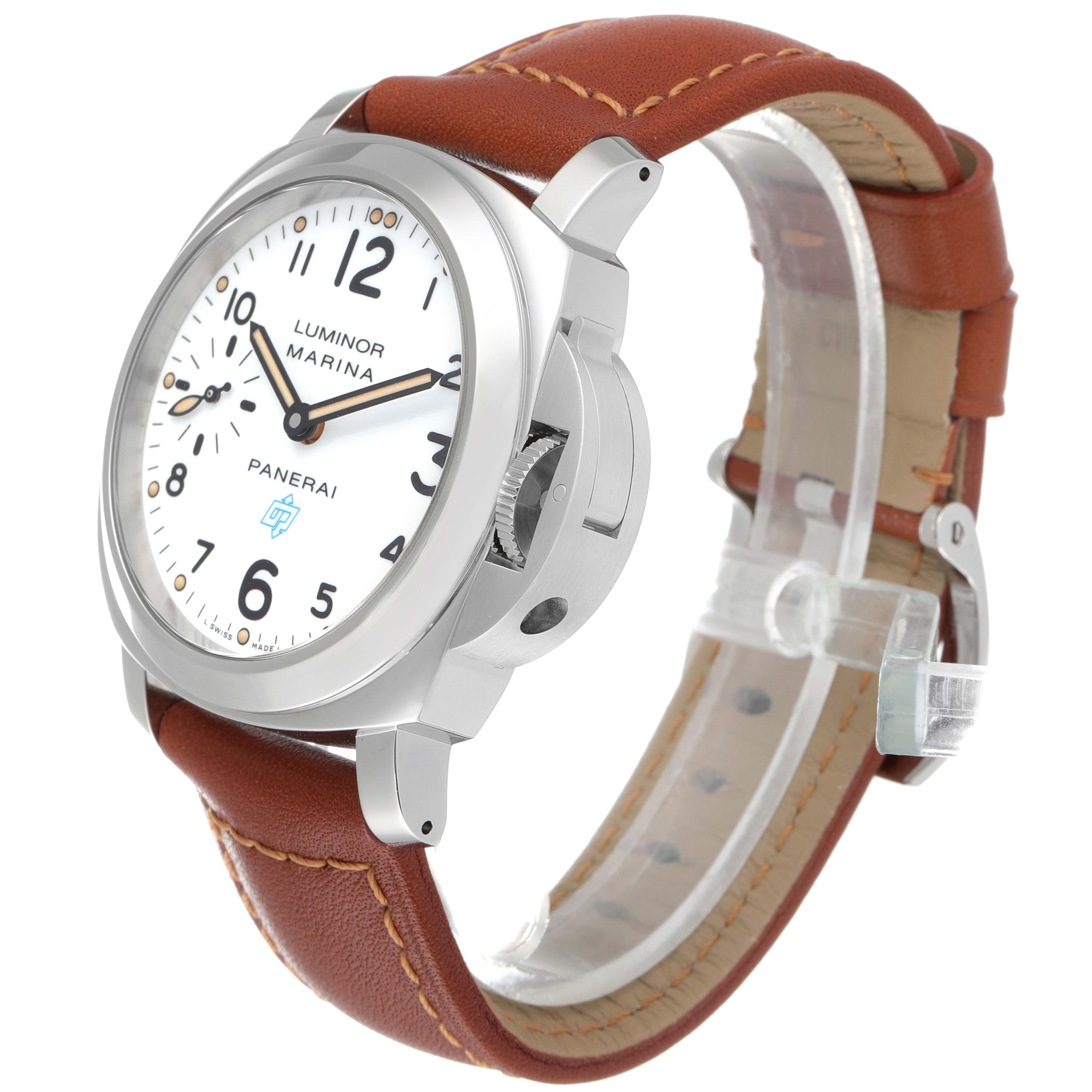 The image shows a side angle of a Panerai Luminor PAM00660 Men
s Stainless Steel White Dial PAM00660 Men
s Stainless Steel White Dial watch with a brown leather strap and a white dial.