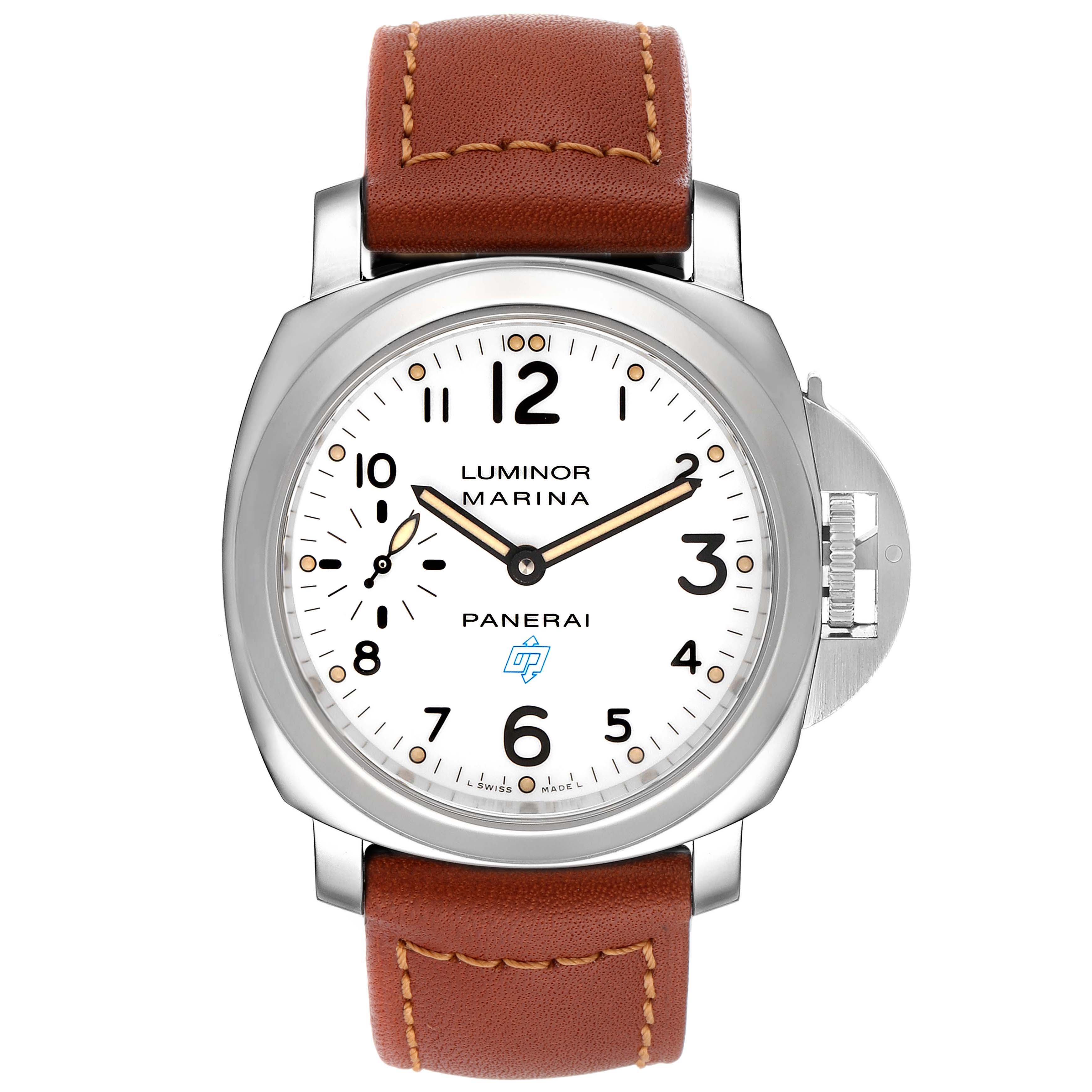 The image shows a front view of a Panerai Luminor PAM00660 Men
s Stainless Steel White Dial PAM00660 Men
s Stainless Steel White Dial Marina watch, displaying its dial, case, and brown leather strap.