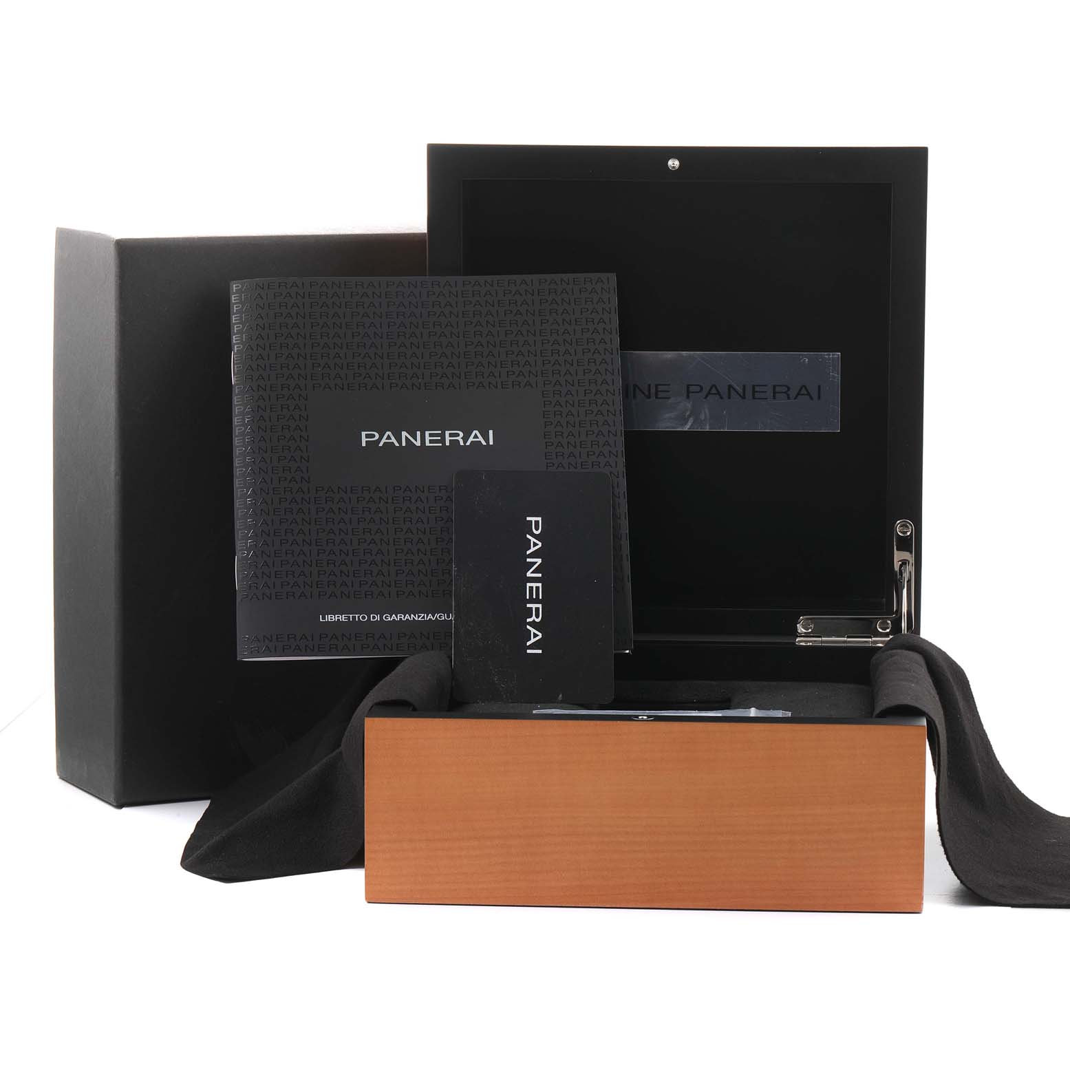 The image shows the packaging, booklets, and case for a Panerai Luminor PAM00660 Men
s Stainless Steel White Dial PAM00660 Men
s Stainless Steel White Dial watch.