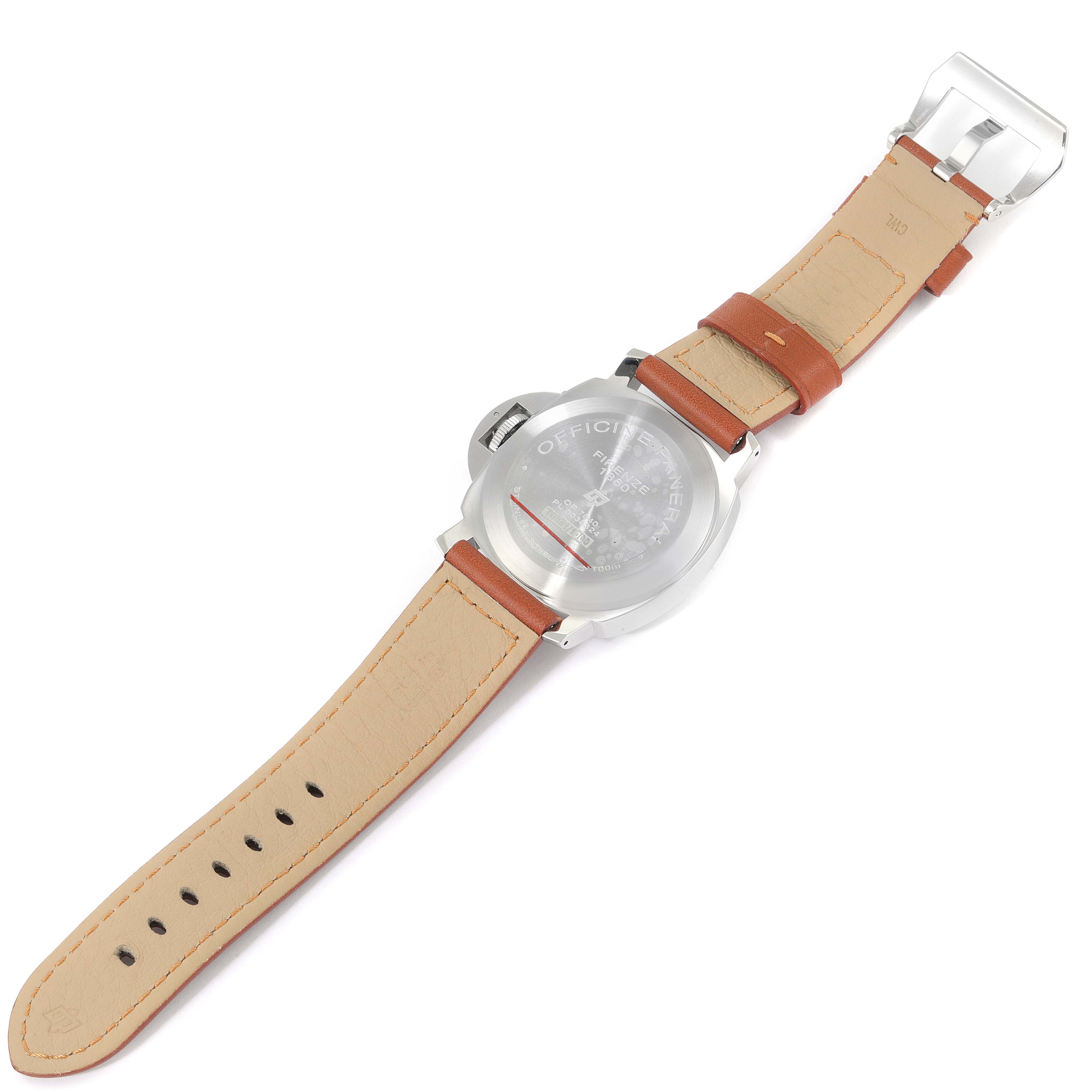 This image shows the back side of a Panerai Luminor PAM00660 Men
s Stainless Steel White Dial PAM00660 Men
s Stainless Steel White Dial watch, displaying its case back and brown leather strap.