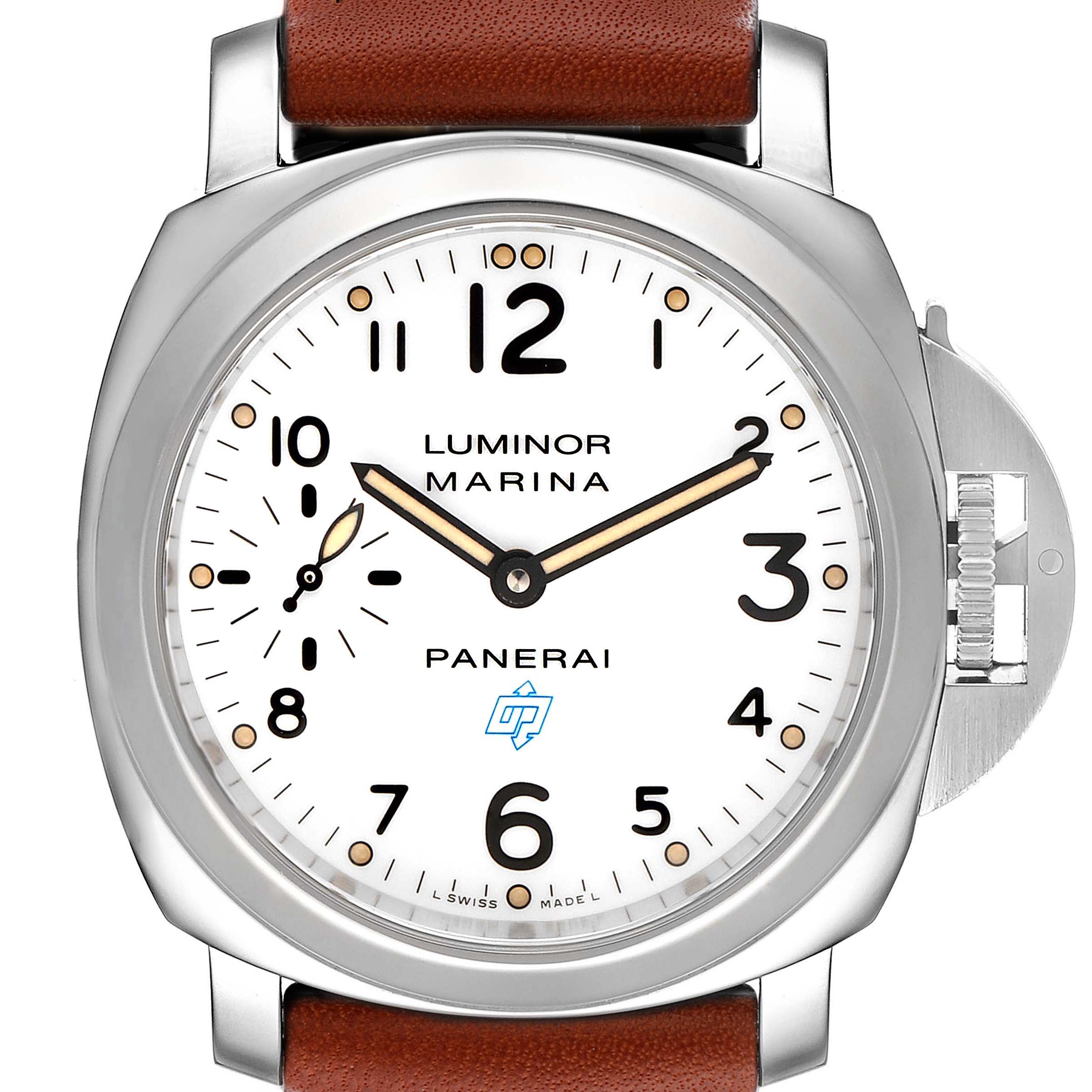 The image shows a front view of a Panerai Luminor PAM00660 Men
s Stainless Steel White Dial PAM00660 Men
s Stainless Steel White Dial Marina watch with a white dial and brown leather strap.