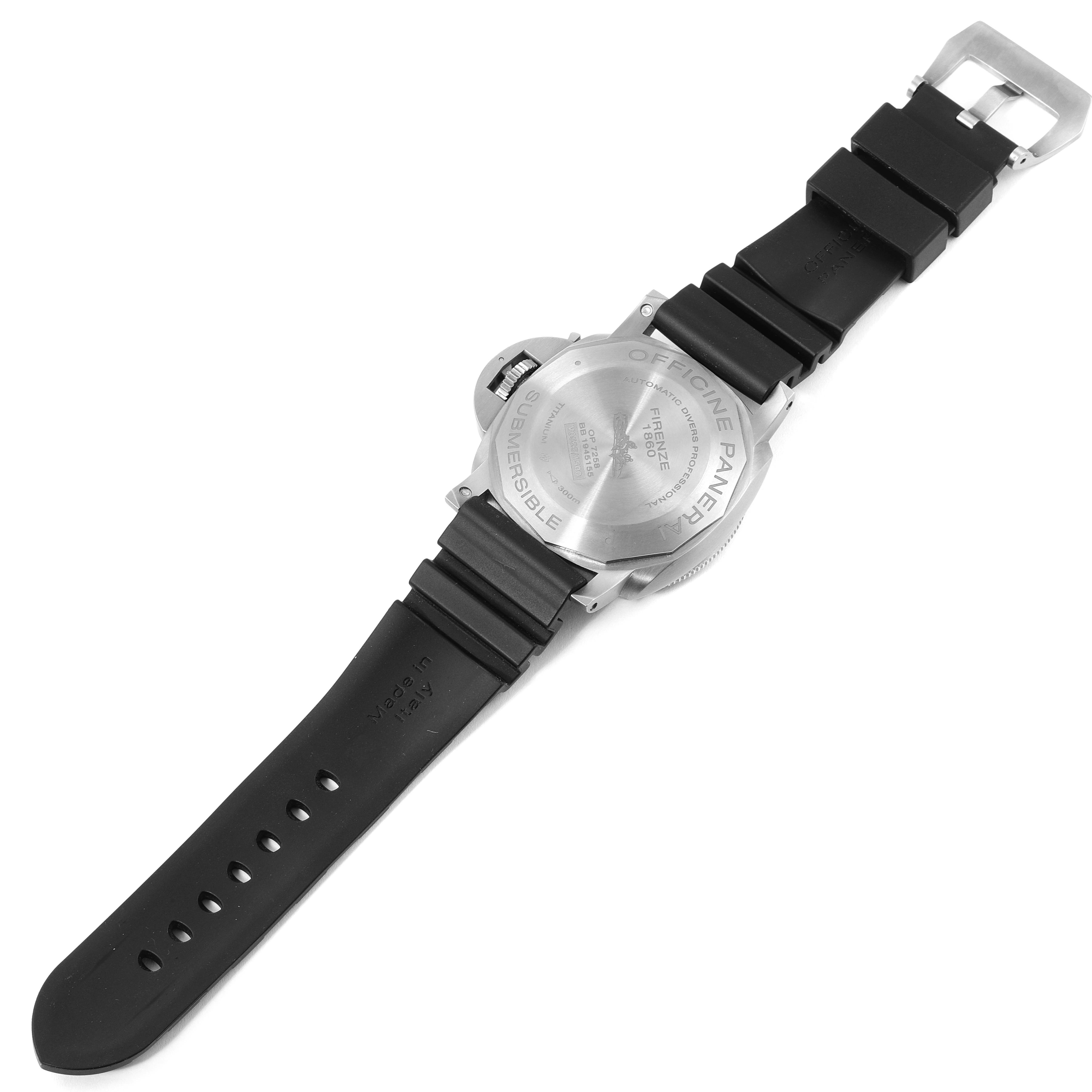 The image shows the back and strap of a Panerai Submersible PAM01305 Men's Titanium Black Dial PAM01305 Men's Titanium Black Dial watch laying flat.