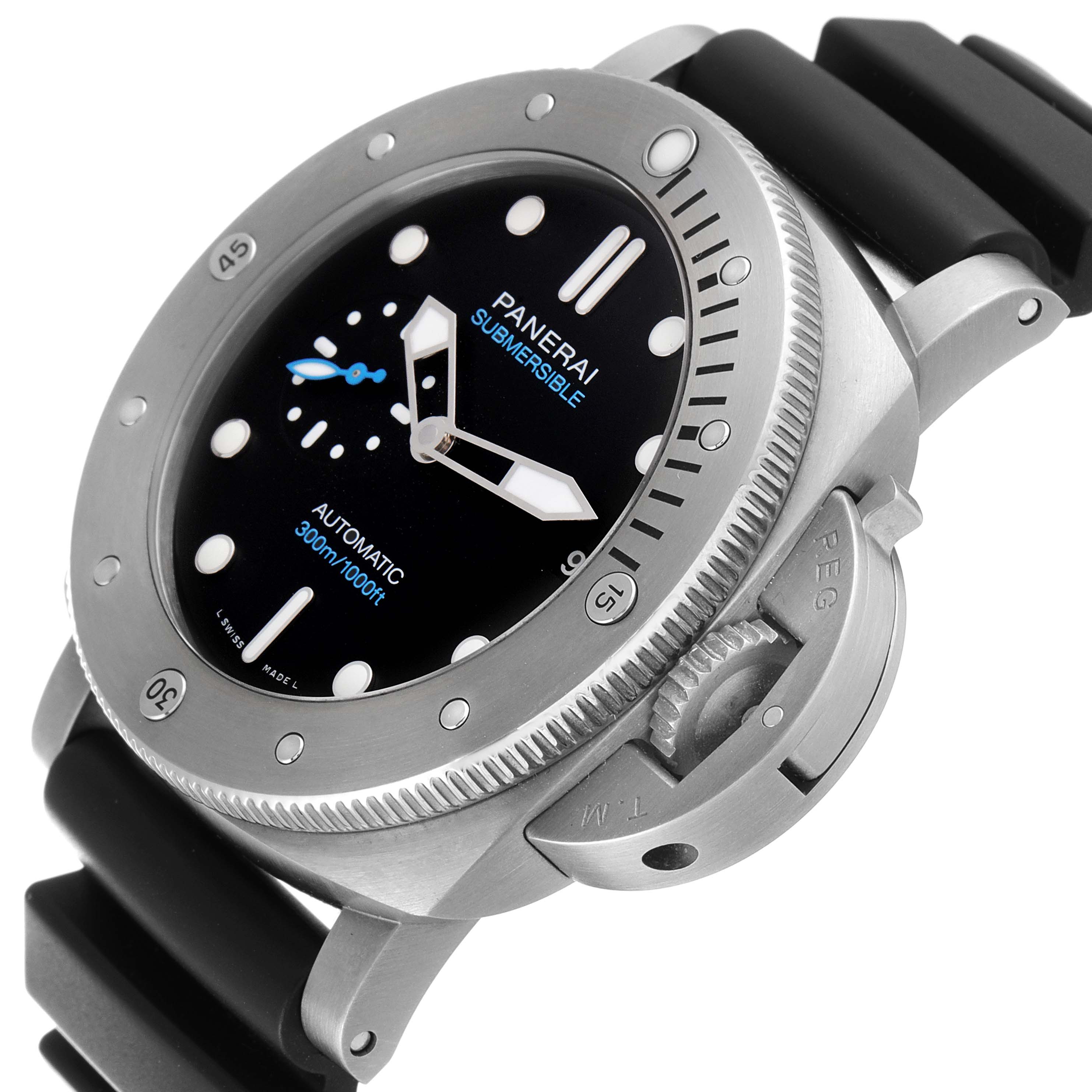 This angle shows the Panerai Submersible PAM01305 Men's Titanium Black Dial PAM01305 Men's Titanium Black Dial watch face, bezel, crown guard, and rubber strap.