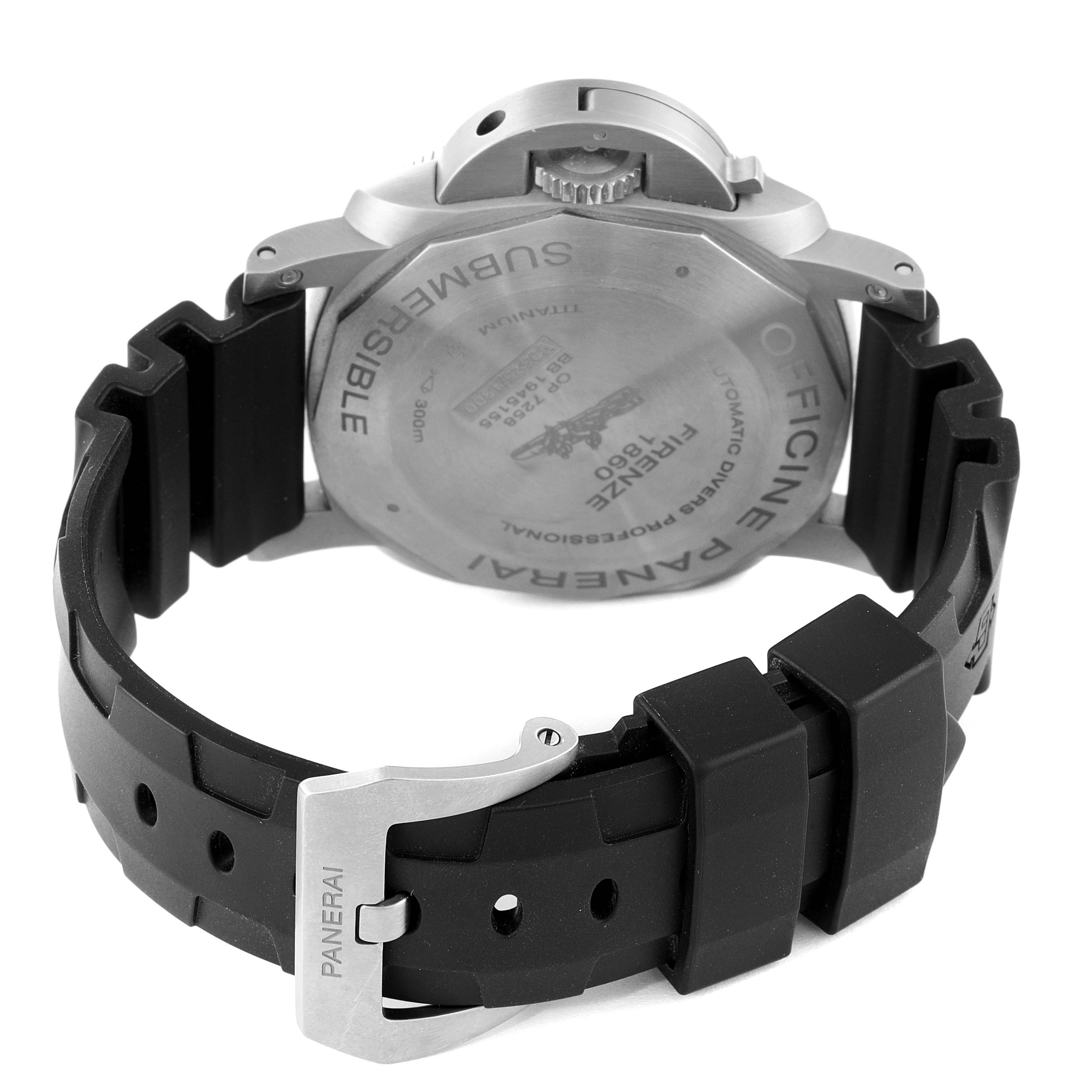 This image shows the back of a Panerai Submersible PAM01305 Men's Titanium Black Dial PAM01305 Men's Titanium Black Dial watch, highlighting the case back, crown, and rubber strap with buckle.