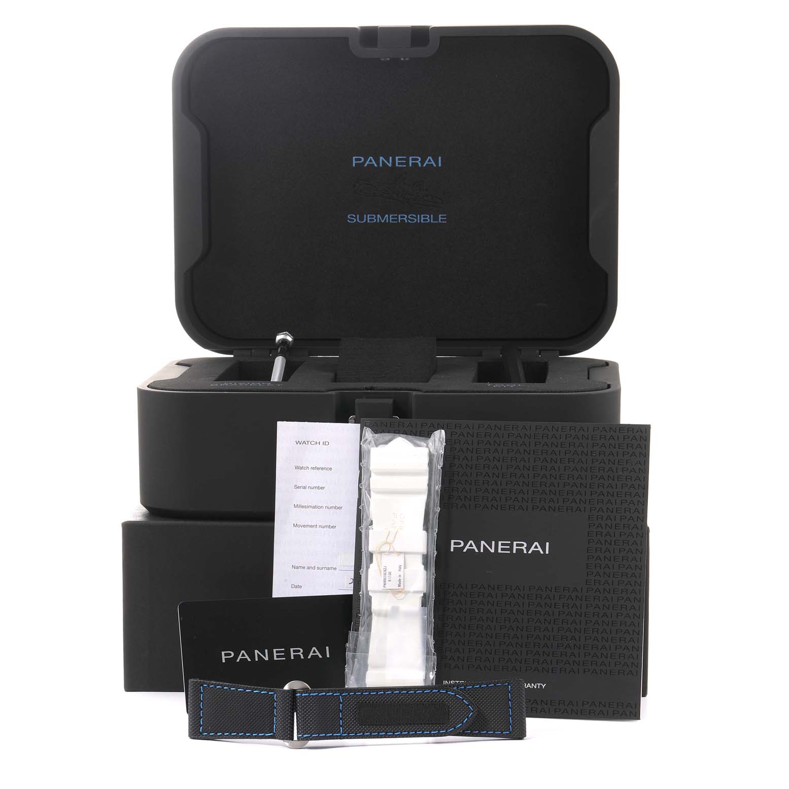 The image shows an open box of the Panerai Submersible PAM01305 Men's Titanium Black Dial PAM01305 Men's Titanium Black Dial model watch, with watch accessories, strap, and documentation.