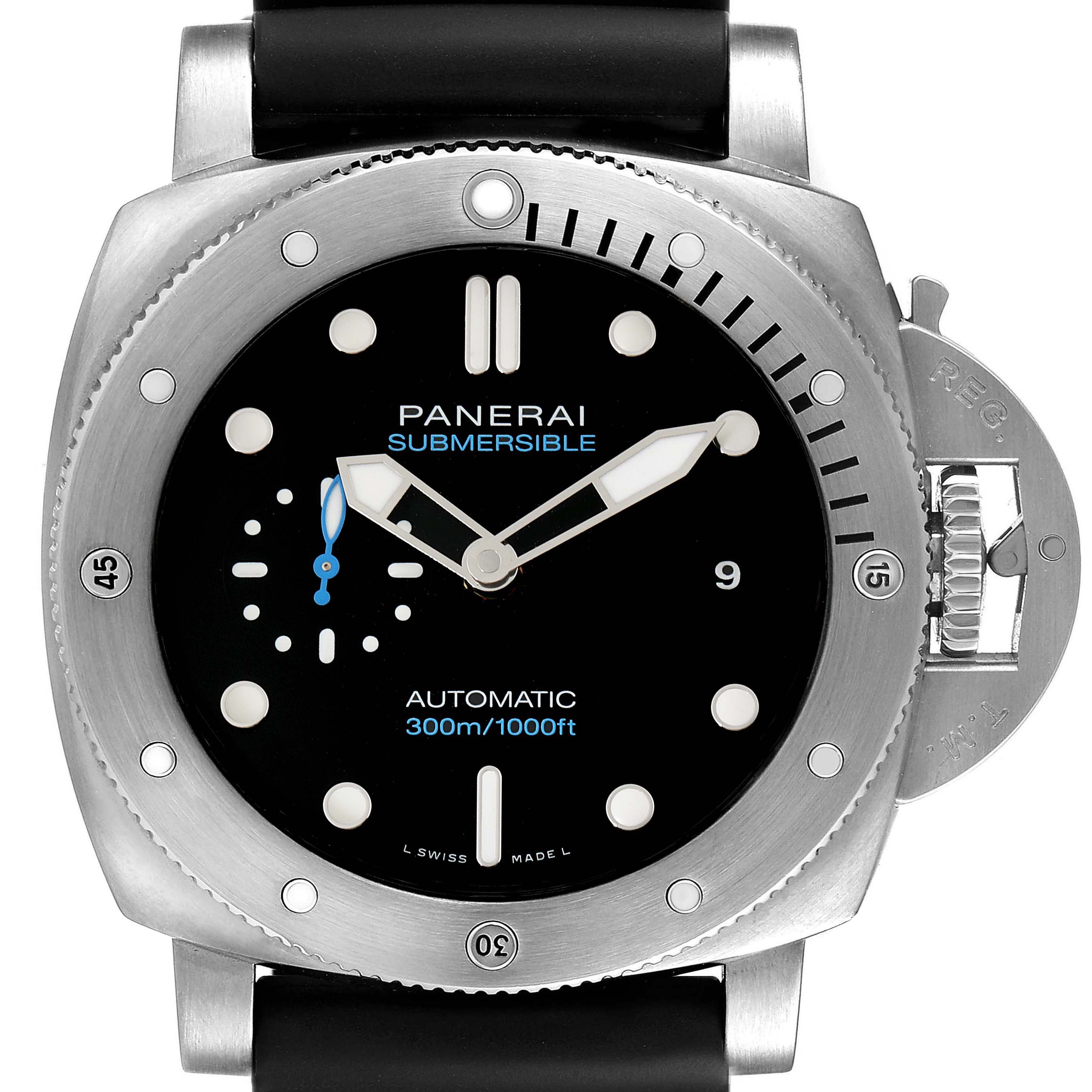 The Panerai Submersible PAM01305 Men's Titanium Black Dial PAM01305 Men's Titanium Black Dial watch is shown from a top-down angle, highlighting the dial, bezel, and crown guard.