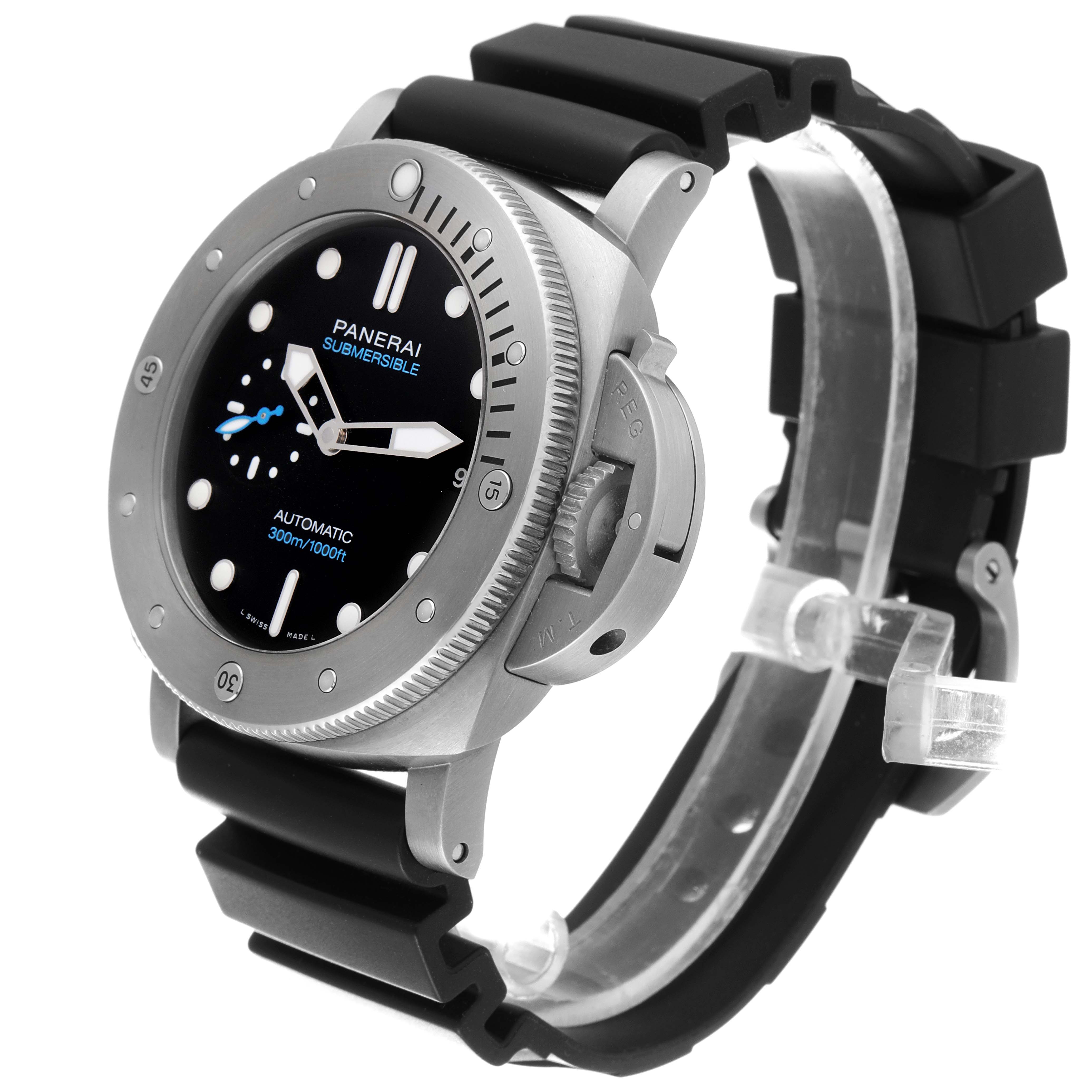 The image shows a Panerai Submersible PAM01305 Men's Titanium Black Dial PAM01305 Men's Titanium Black Dial watch at a three-quarter angle, displaying its face, bezel, crown guard, and rubber strap.