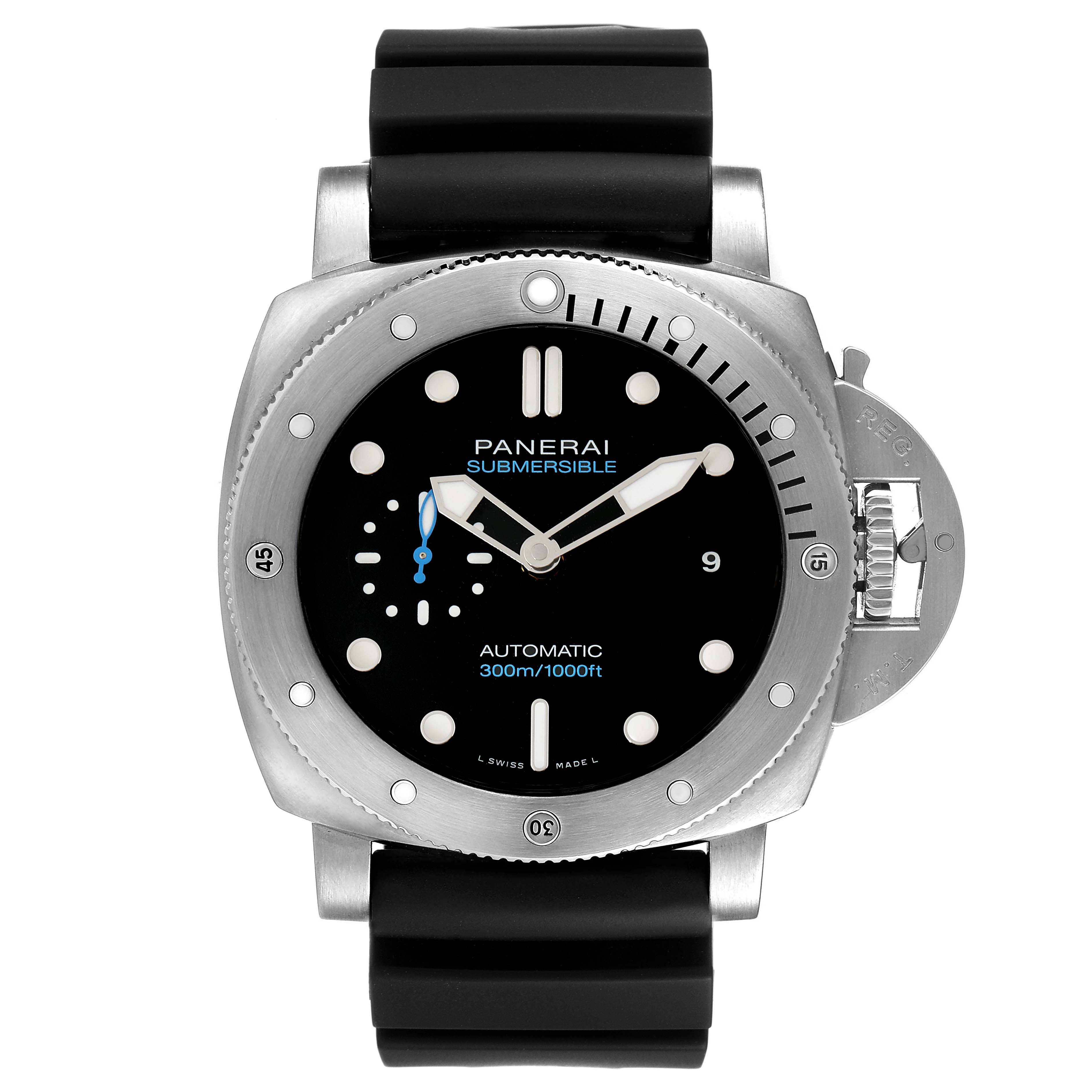 This Panerai Submersible PAM01305 Men's Titanium Black Dial PAM01305 Men's Titanium Black Dial watch is shown from a front view, featuring its face, bezel, and strap.