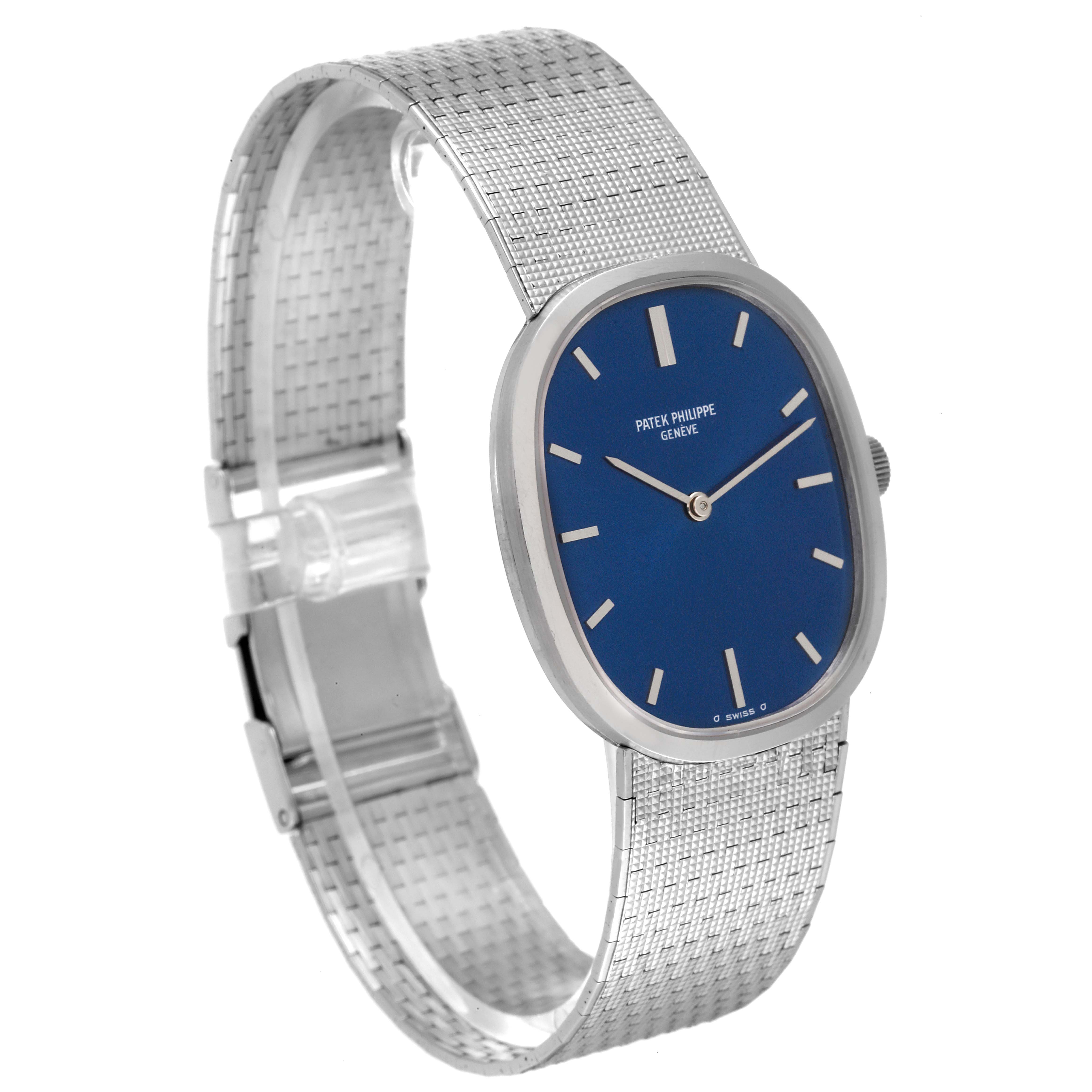 The image shows the Patek Philippe Golden Ellipse 3548 Women's White Gold Blue Dial 3548 Women's White Gold Blue Dial watch at a 3/4 angle, highlighting its blue dial, mesh bracelet, and clasp.