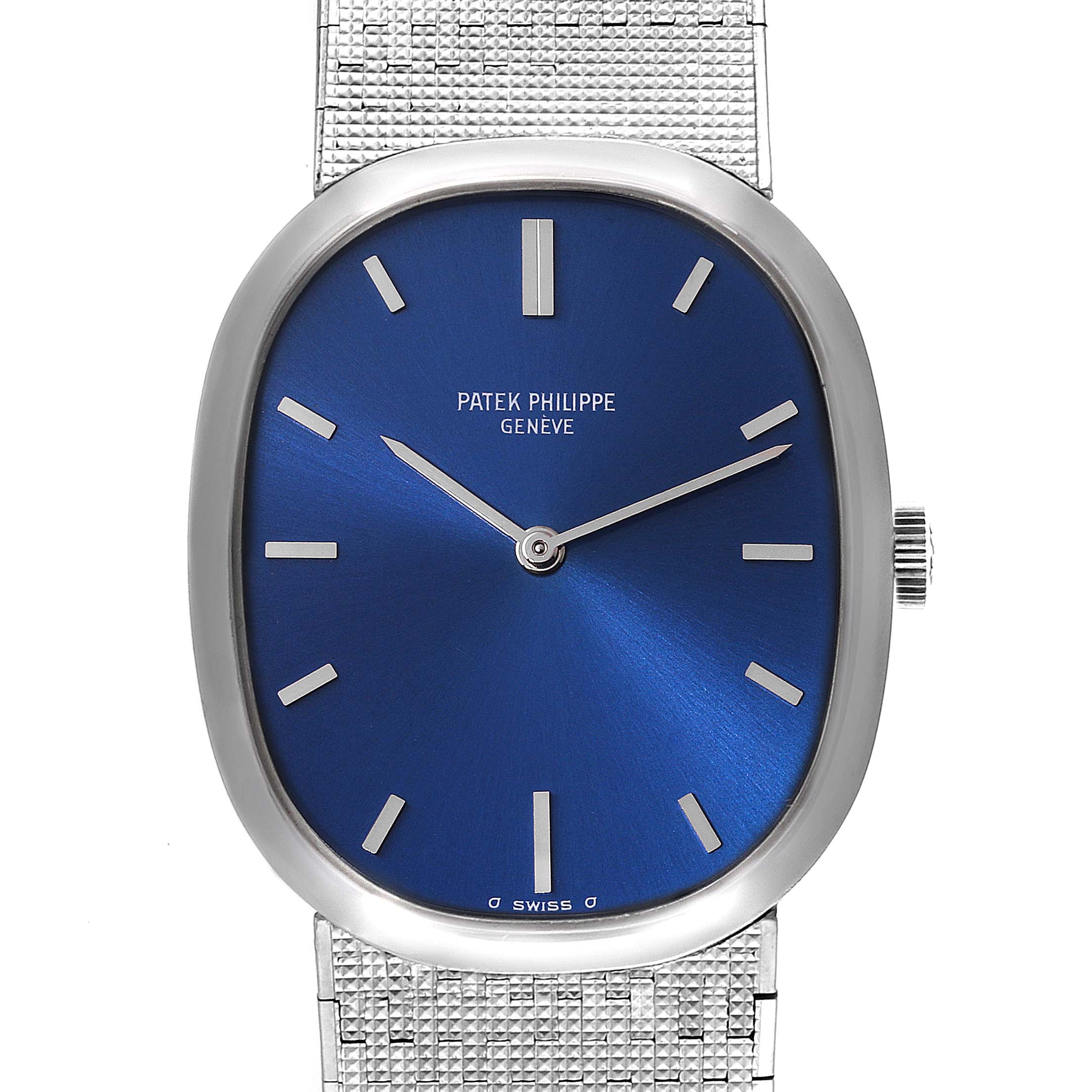 This is a front view of the Patek Philippe Golden Ellipse 3548 Women's White Gold Blue Dial 3548 Women's White Gold Blue Dial watch displaying its blue dial and metal strap.
