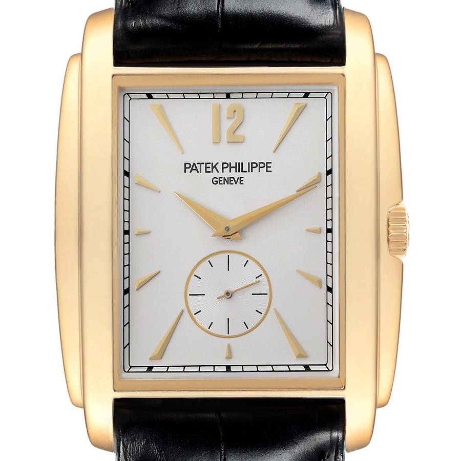 The Patek Philippe Gondolo watch is shown from the front, displaying its rectangular dial, gold indices, and black leather strap.