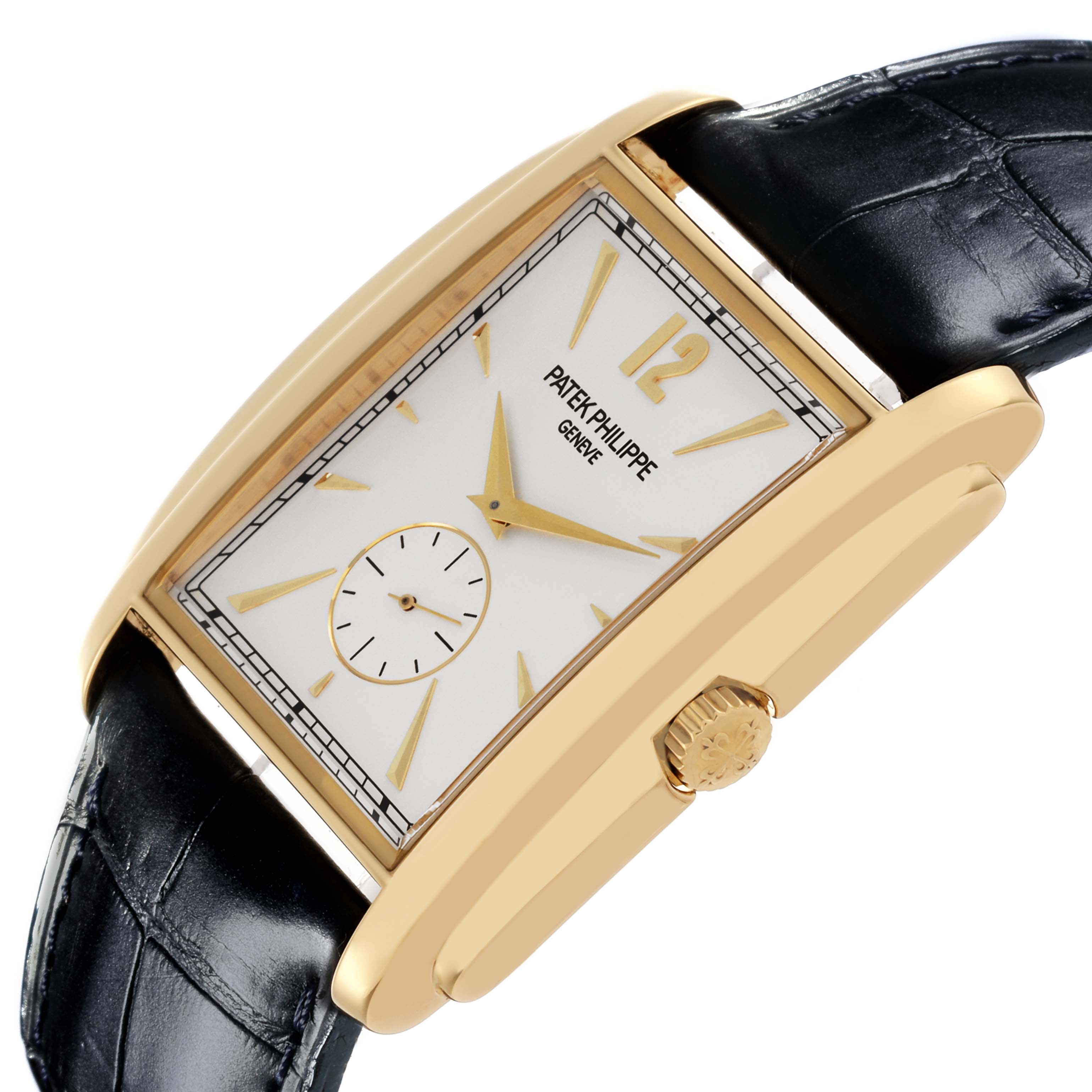 The image shows a Patek Philippe Gondolo 5124J Men's Yellow Gold Silver Dial 5124J Men's Yellow Gold Silver Dial watch at an angle, highlighting its rectangular gold case, white dial, crown, and black leather strap.