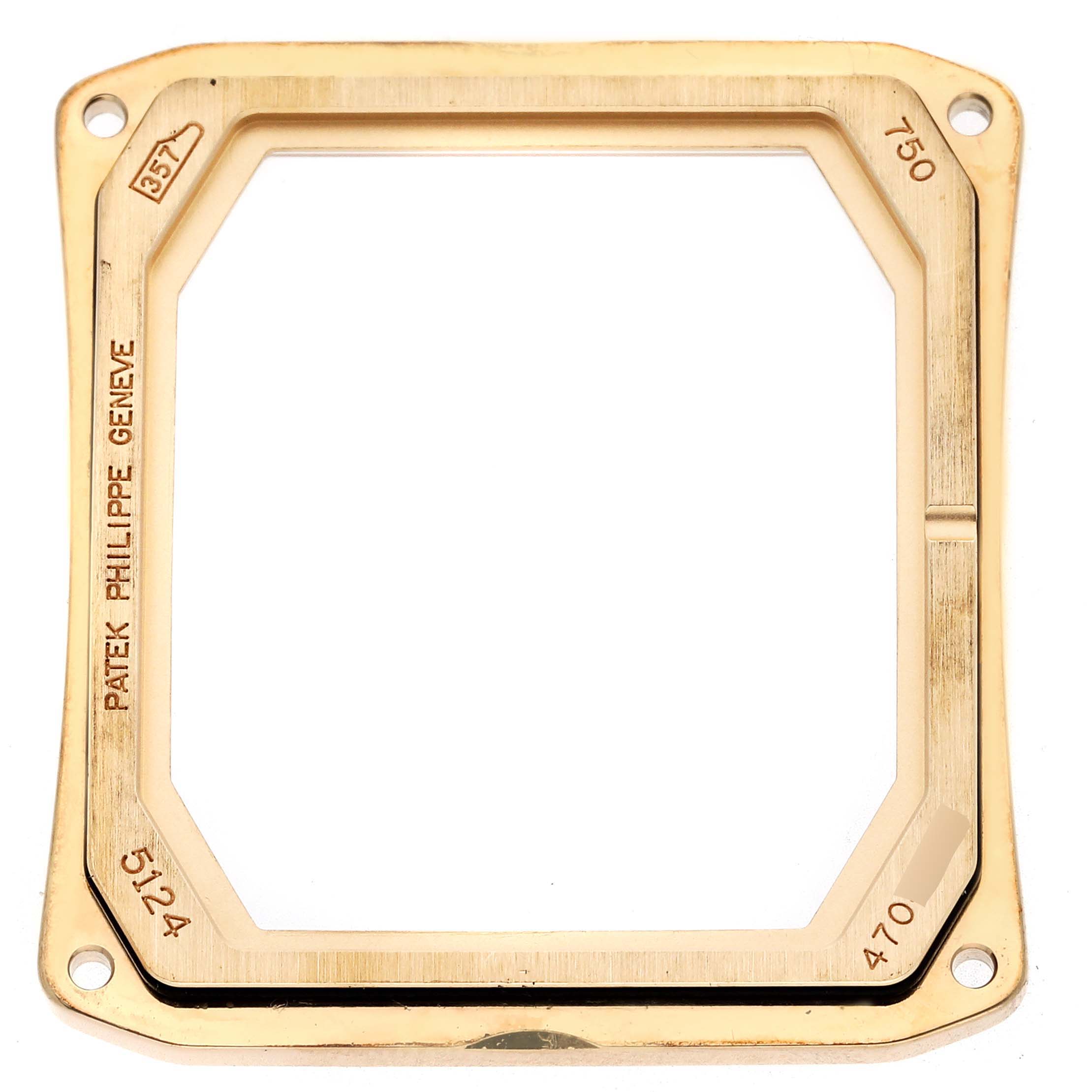 The image shows a gold case frame for a Patek Philippe Gondolo 5124J Men's Yellow Gold Silver Dial 5124J Men's Yellow Gold Silver Dial watch, viewed from the front.