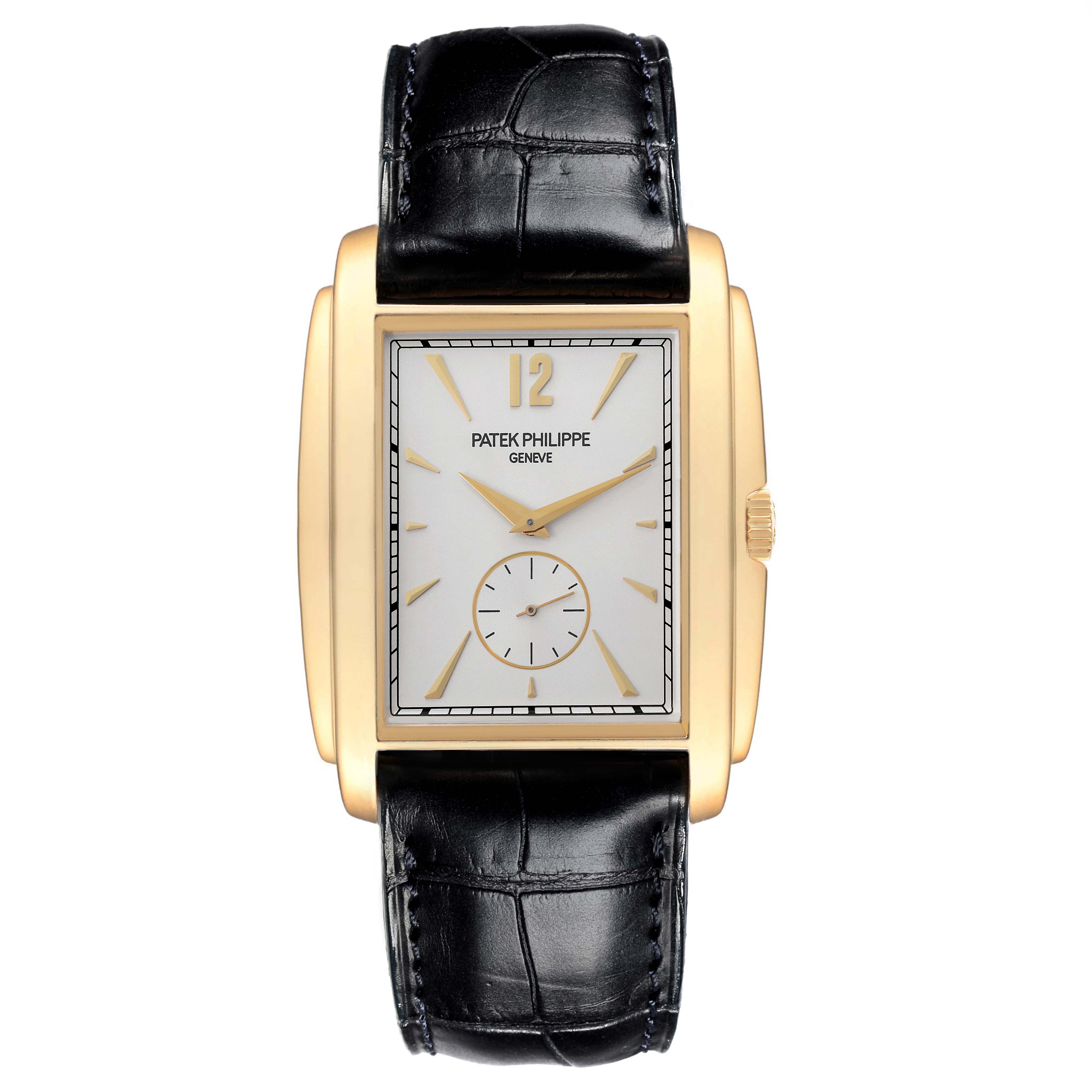 The image shows a frontal view of a Patek Philippe Gondolo 5124J Men's Yellow Gold Silver Dial 5124J Men's Yellow Gold Silver Dial watch, highlighting its rectangular case and black leather strap.
