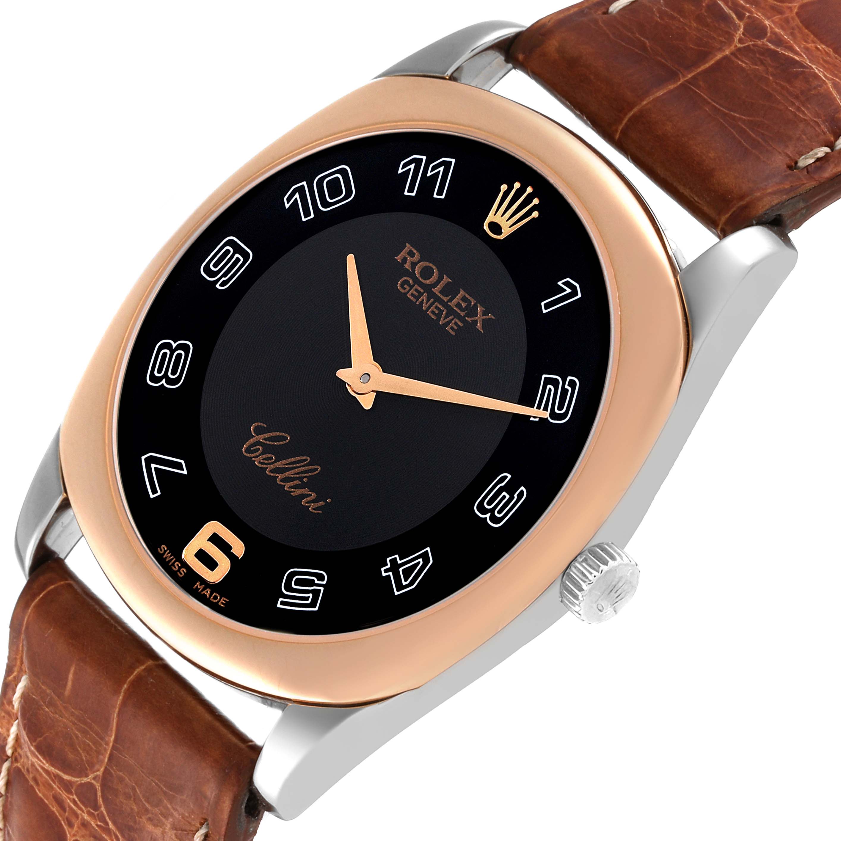 The image shows a close-up angled view of a Rolex Cellini 4233 Men's Steel and Gold (two tone) Black Dial 4233 Men's Steel and Gold (two tone) Black Dial watch, highlighting its face, rose gold bezel, and brown leather strap.