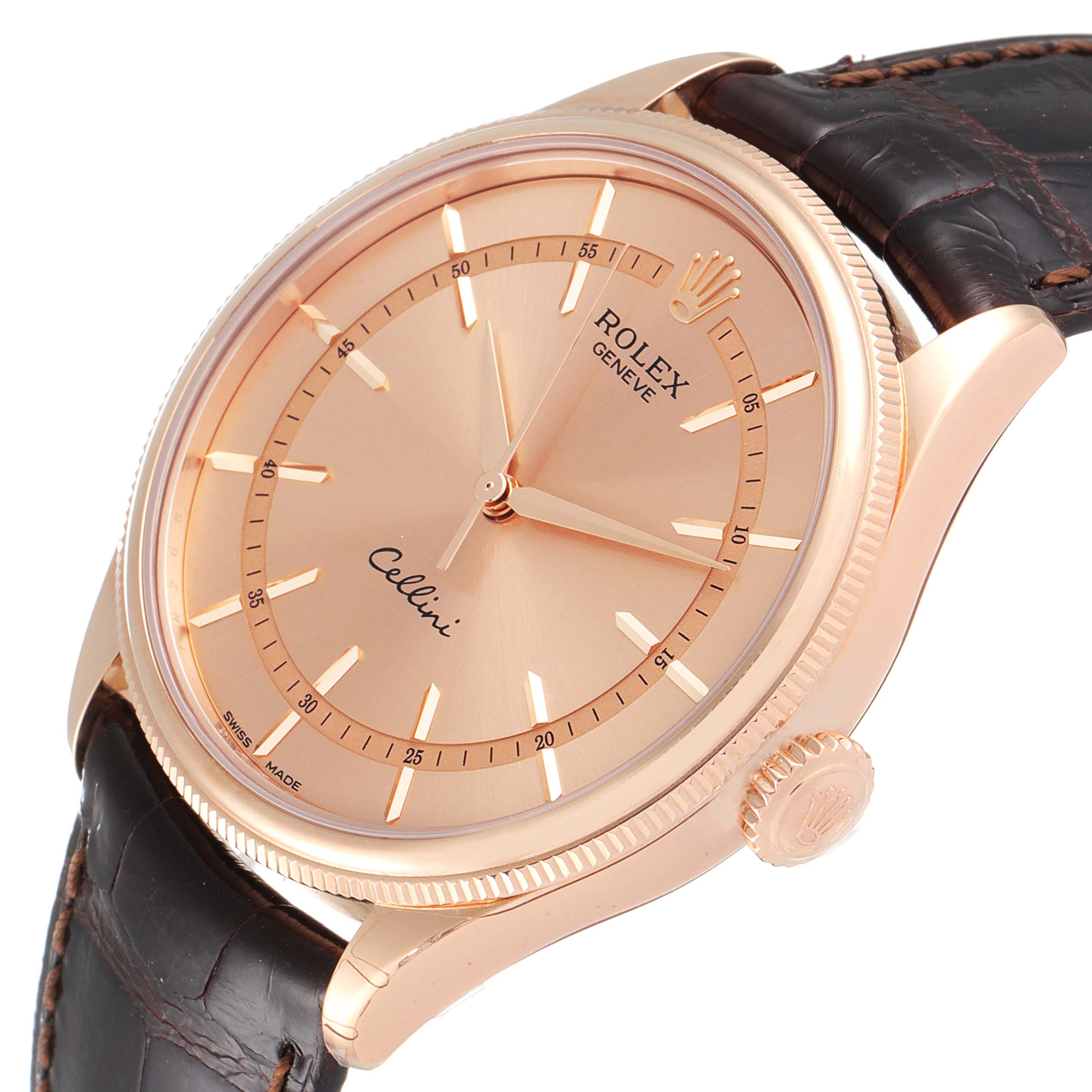 This image shows a Rolex Cellini 50505 Men's Rose Gold Pink Dial 50505 Men's Rose Gold Pink Dial watch at a slight angle, highlighting the dial, crown, and leather strap.