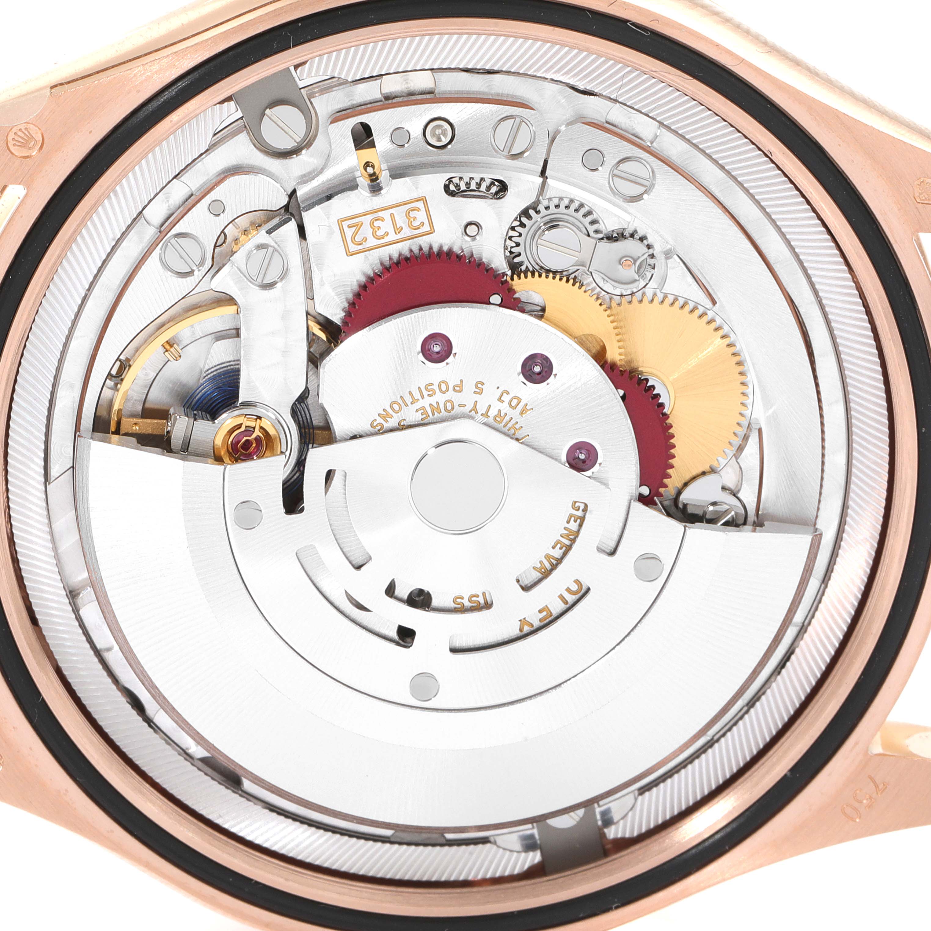 The image shows a close-up of the movement and internal gears of the Rolex Cellini 50505 Men's Rose Gold Pink Dial 50505 Men's Rose Gold Pink Dial watch from the back angle.
