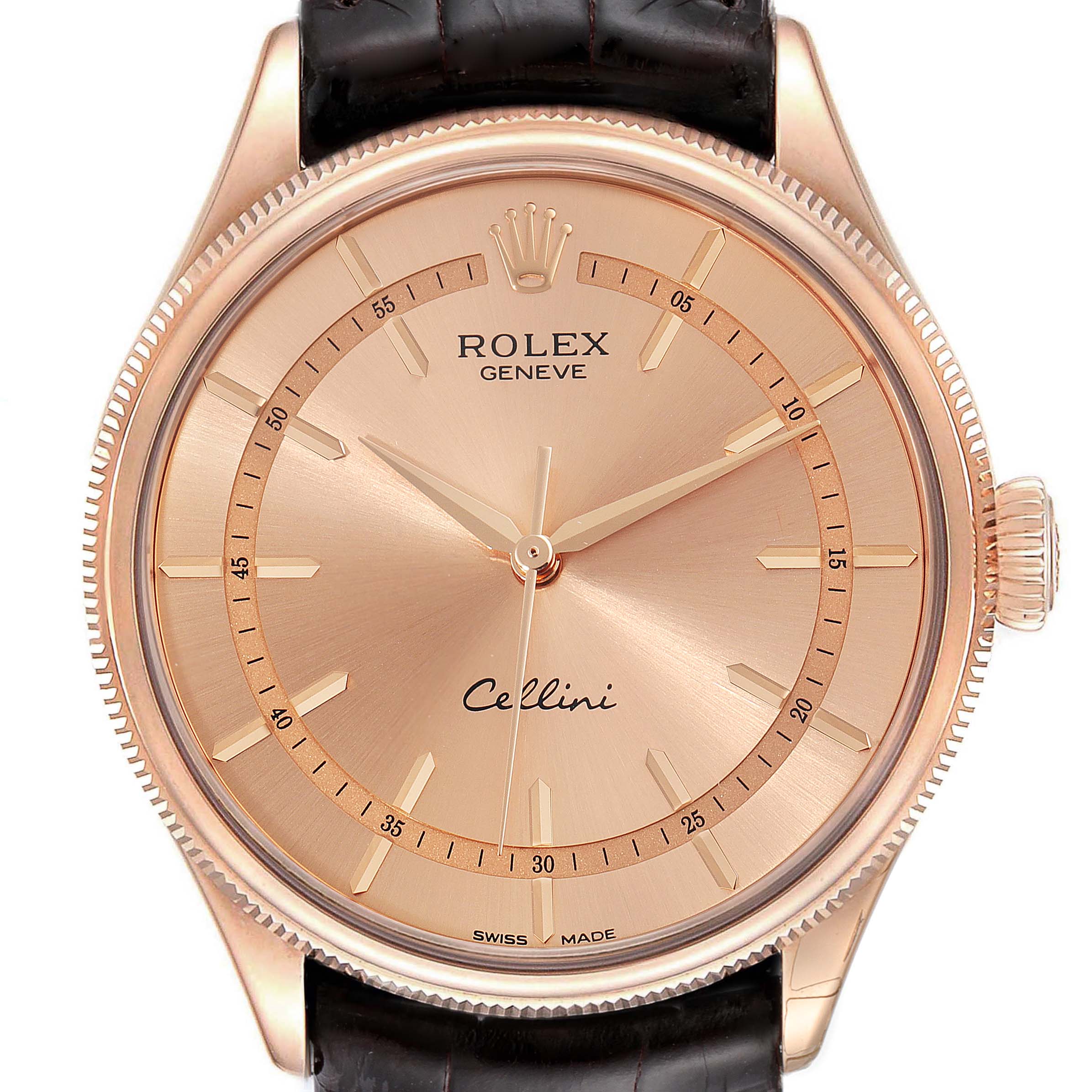 The image shows a close-up view of the face of a Rolex Cellini 50505 Men's Rose Gold Pink Dial 50505 Men's Rose Gold Pink Dial watch, including its dial and bezel, from a straight-on angle.
