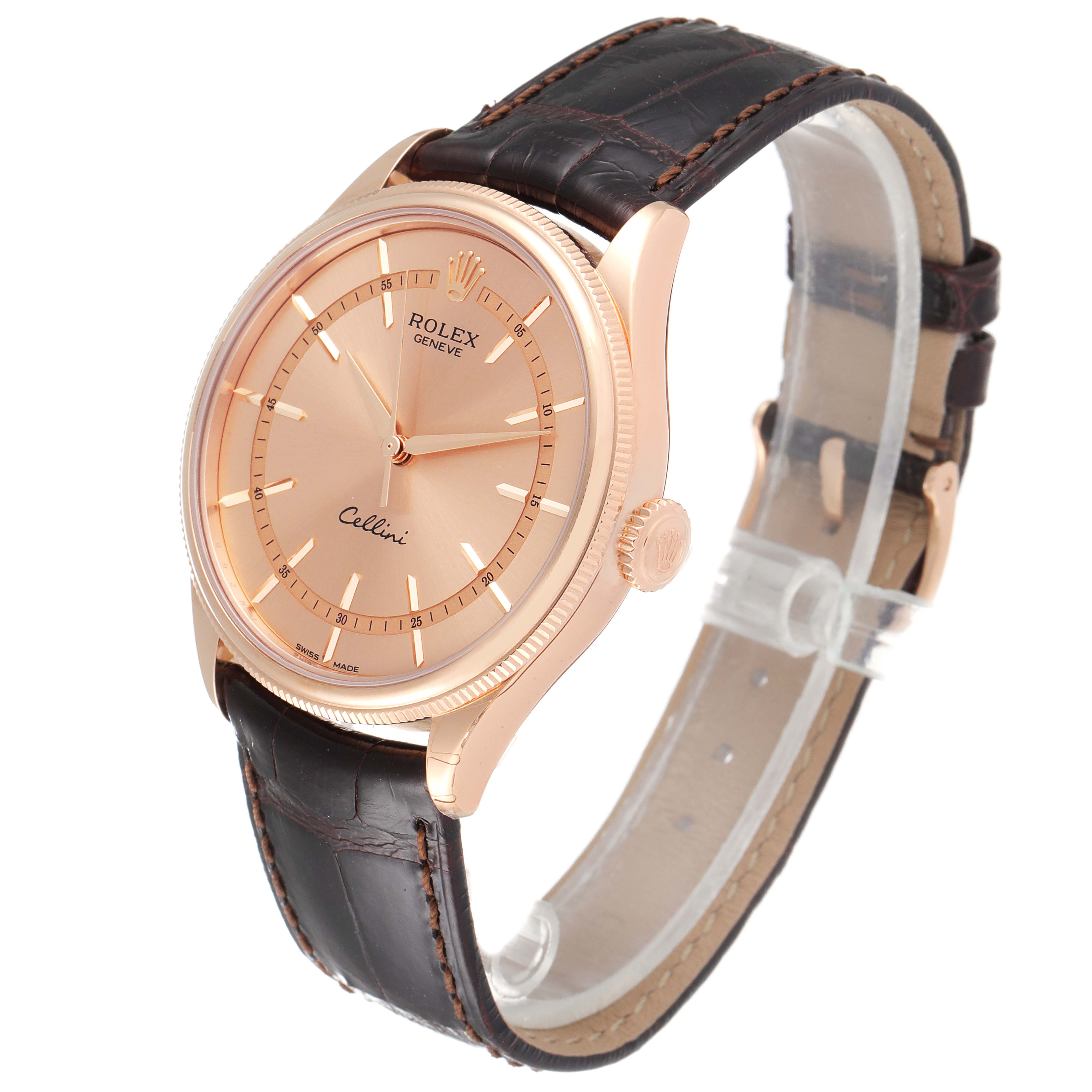 The Rolex Cellini 50505 Men's Rose Gold Pink Dial 50505 Men's Rose Gold Pink Dial watch is pictured at an angled view showing the face, crown, and leather strap.