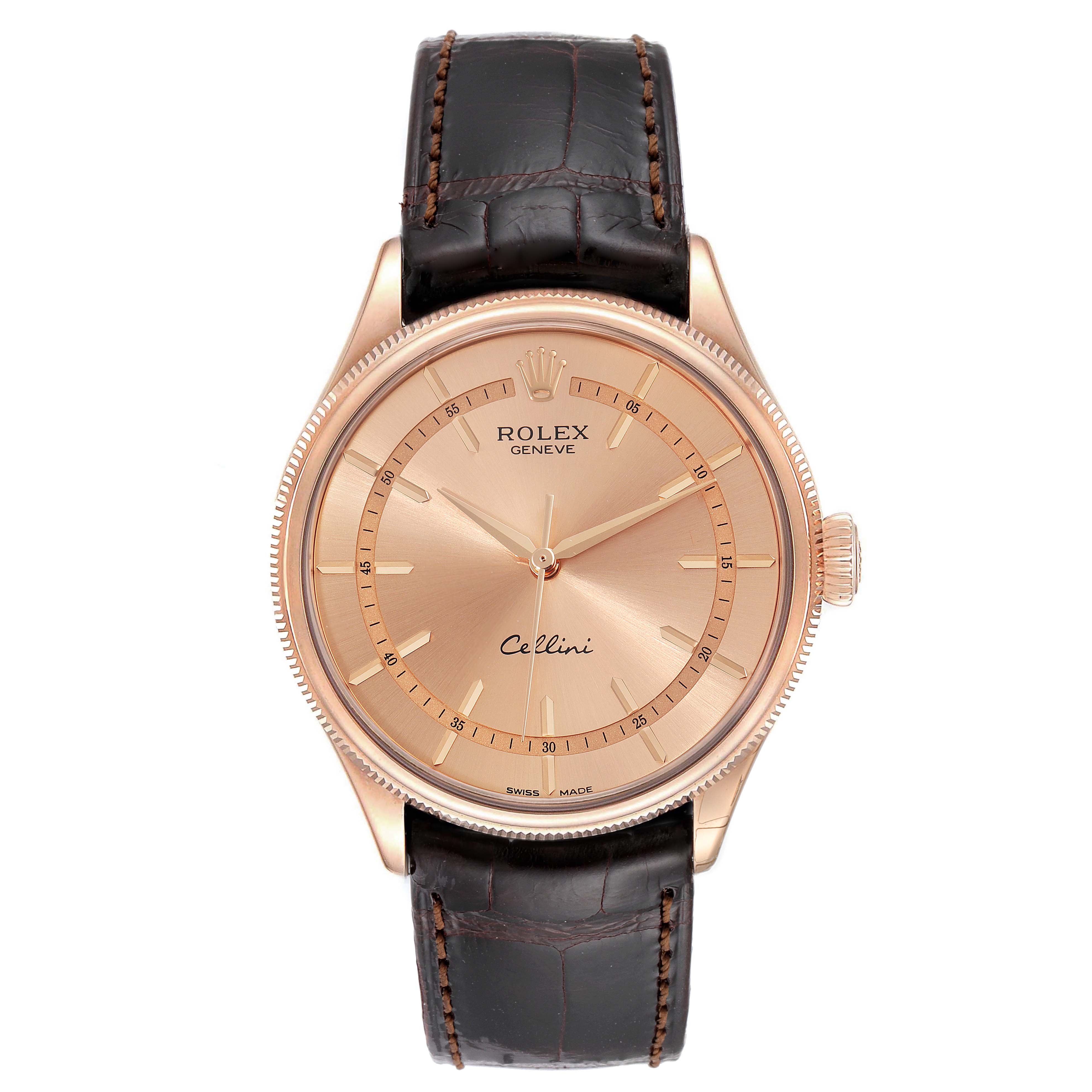 The image shows a front view of a Rolex Cellini 50505 Men's Rose Gold Pink Dial 50505 Men's Rose Gold Pink Dial watch, featuring its dial, hands, case, and leather strap.