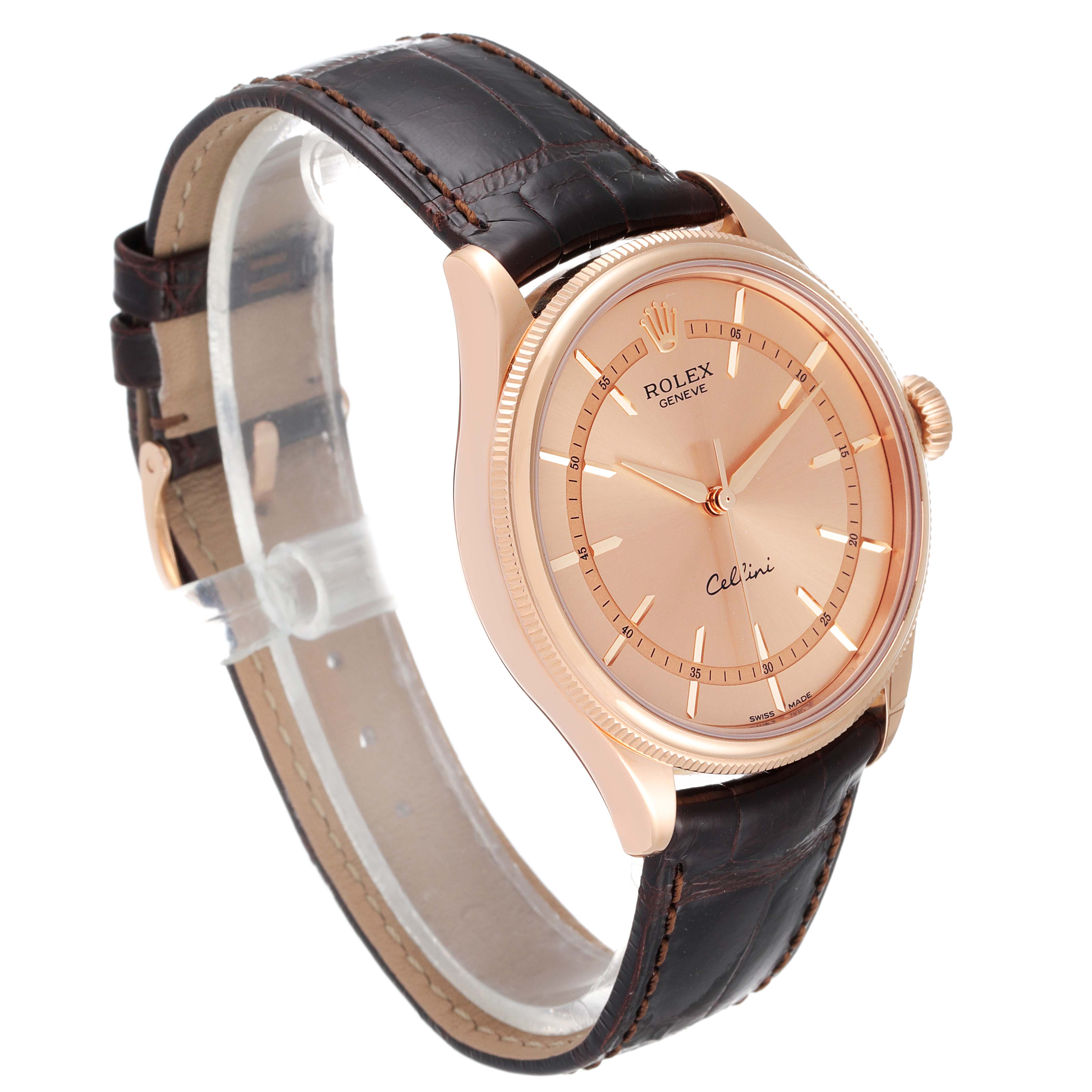 The image shows a side-angle view of a Rolex Cellini 50505 Men's Rose Gold Pink Dial 50505 Men's Rose Gold Pink Dial watch, highlighting its dial, case, crown, and leather strap.
