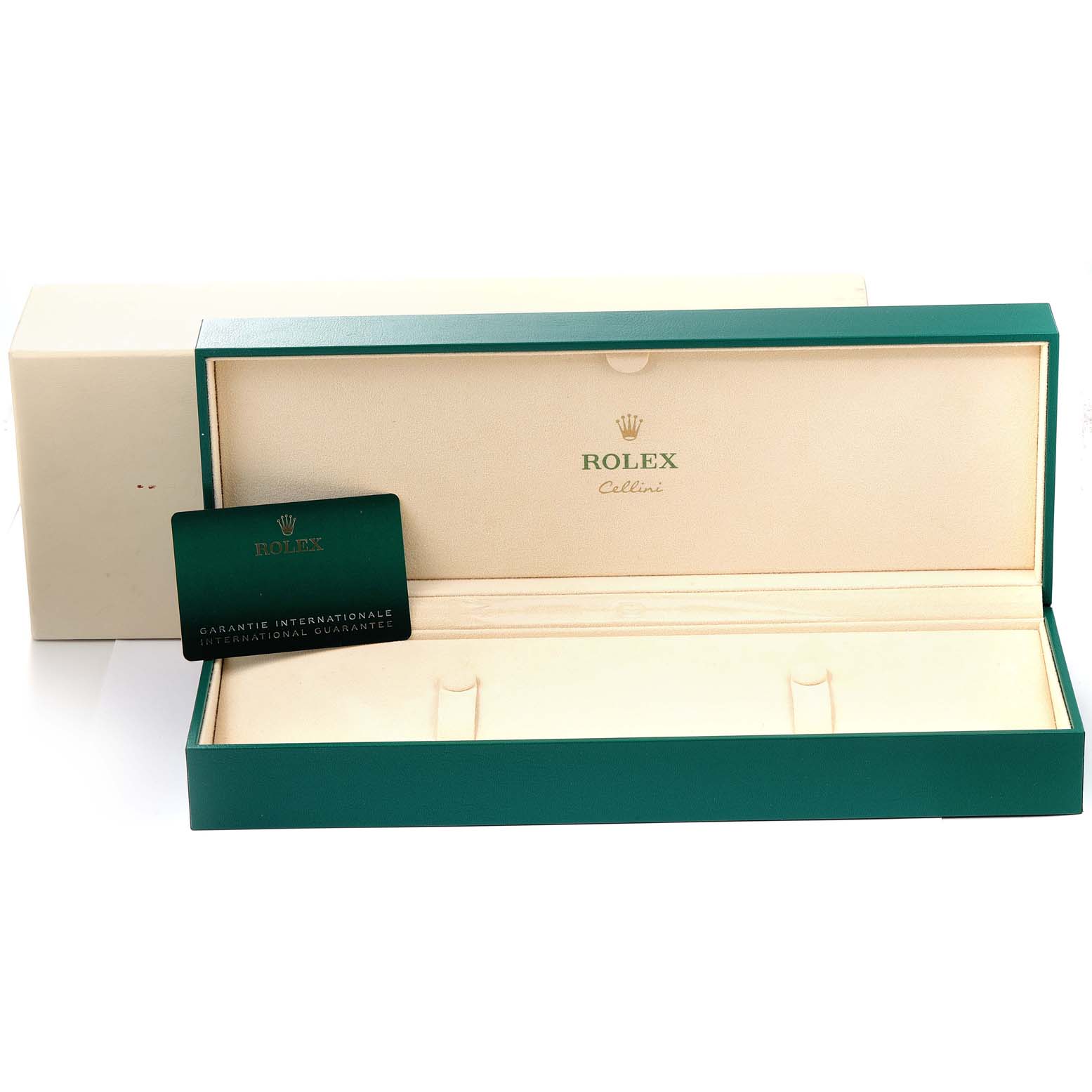 The image shows an empty Rolex Cellini 50505 Men's Rose Gold Pink Dial 50505 Men's Rose Gold Pink Dial watch box and the international guarantee card from a straight-on angle.