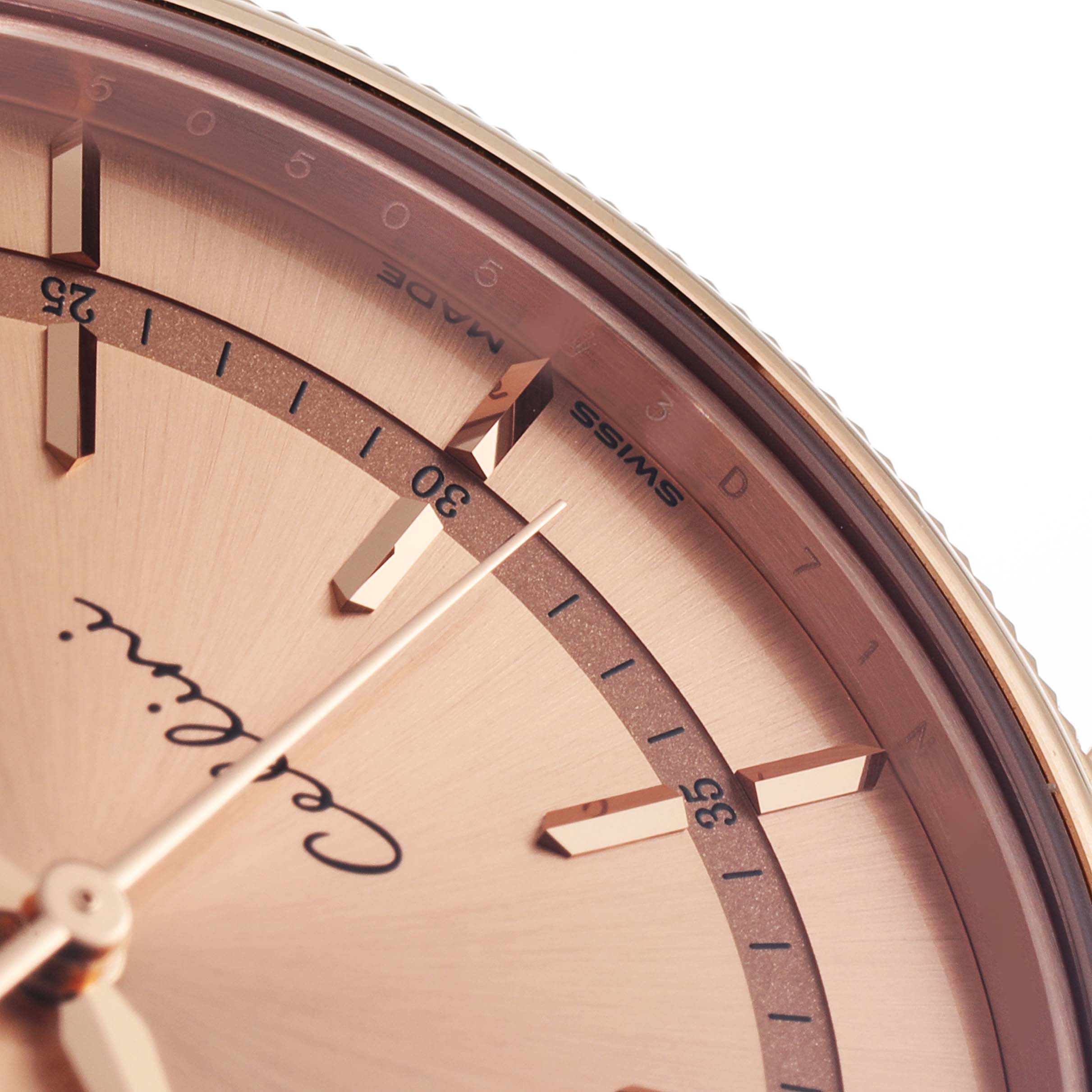 This is a close-up of the Rolex Cellini 50505 Men's Rose Gold Pink Dial 50505 Men's Rose Gold Pink Dial watch face, showing the dial, hands, and some hour markers.