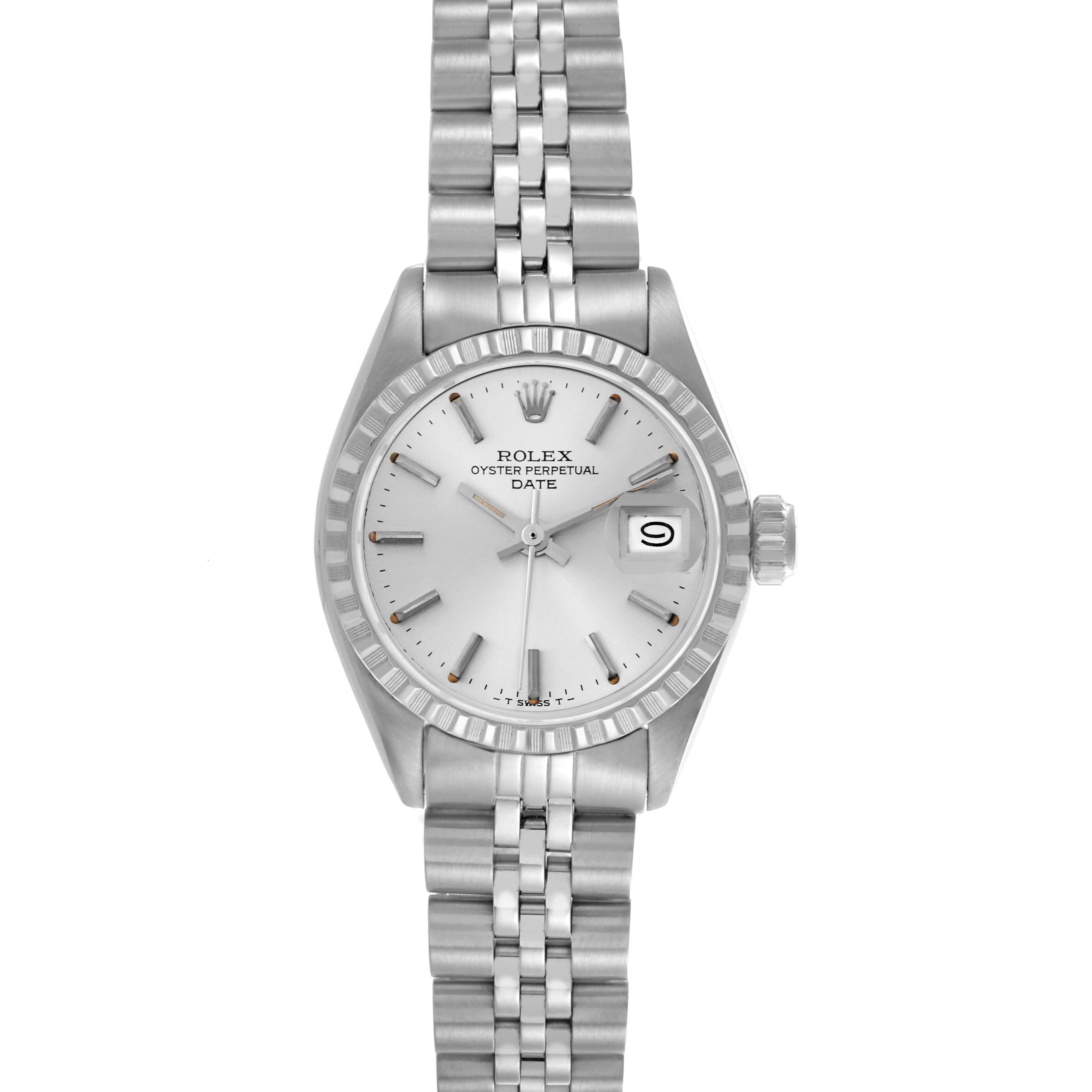The Rolex Date 6924 Women's Stainless Steel Silver Dial 6924 Women's Stainless Steel Silver Dial watch is shown from a top-down angle, highlighting the dial, bezel, bracelet, and crown.
