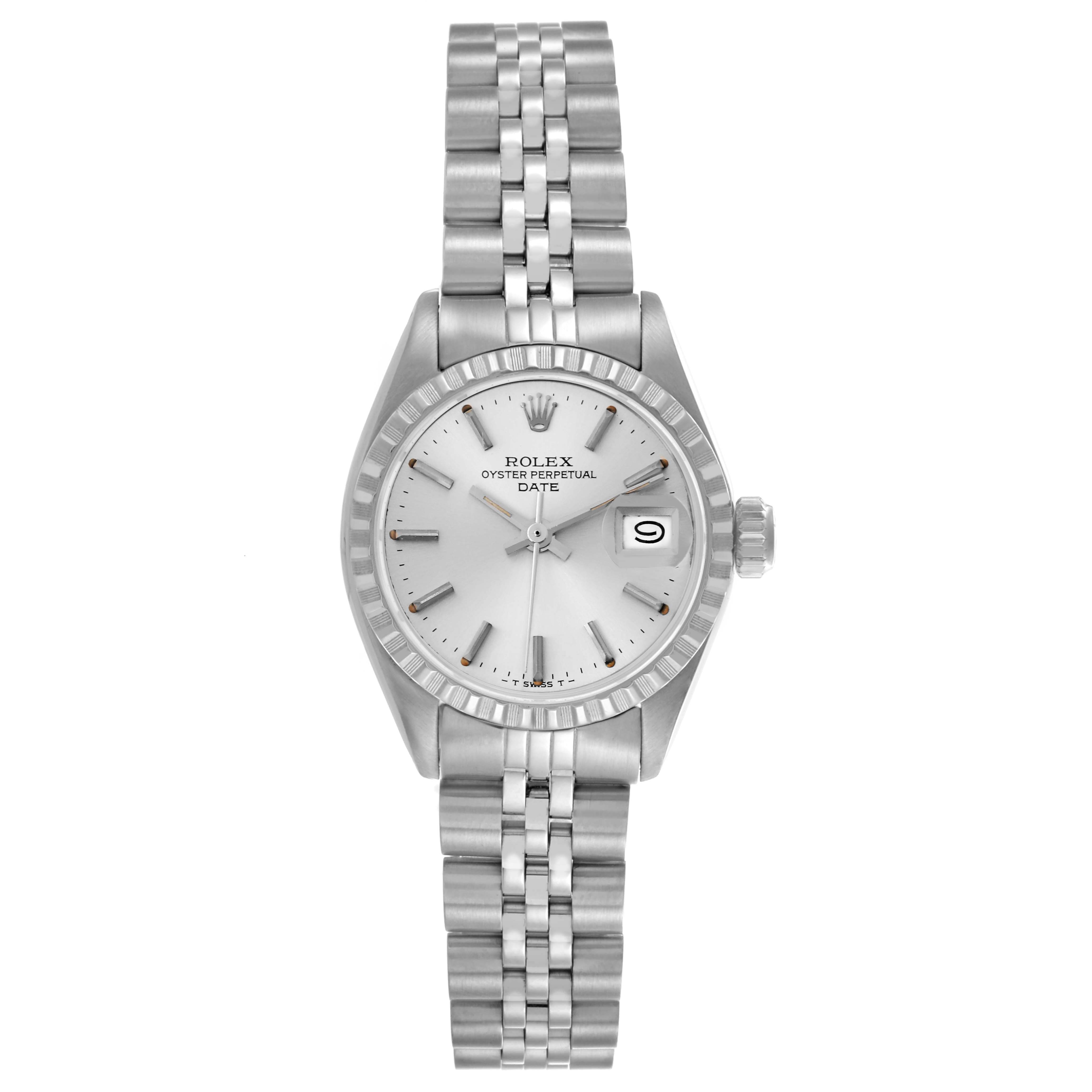 The Rolex Date 6924 Women's Stainless Steel Silver Dial 6924 Women's Stainless Steel Silver Dial watch is shown from the front, displaying the dial, bezel, bracelet, and date window.