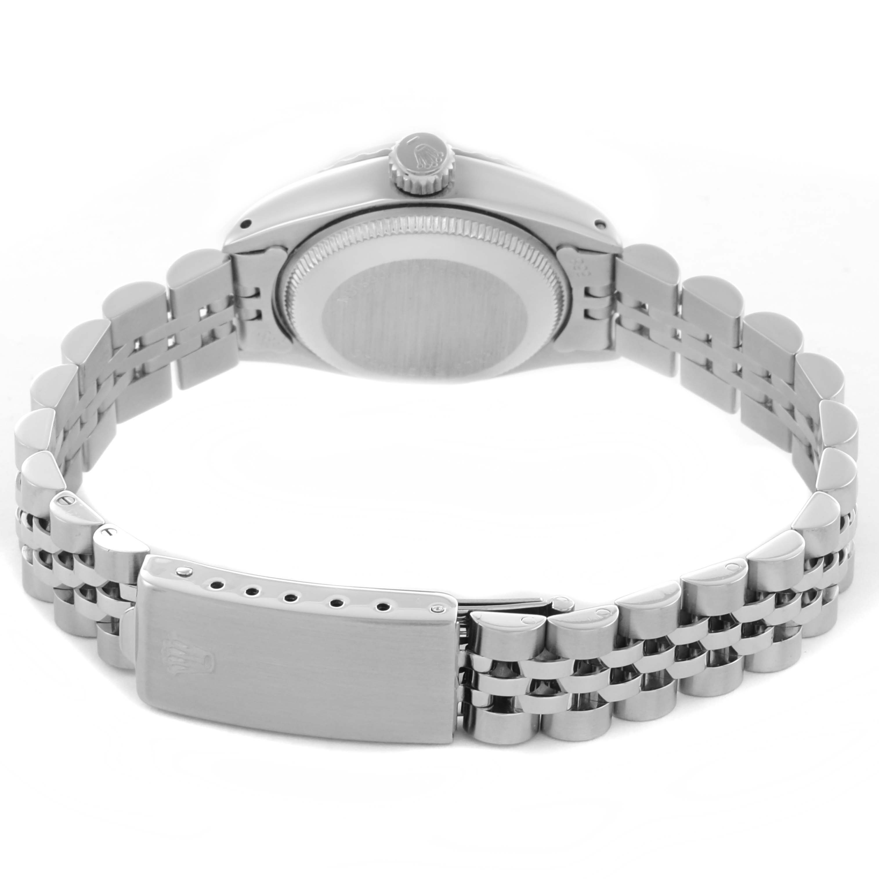 The image shows the back view and bracelet clasp of a Rolex Date 6924 Women's Stainless Steel Silver Dial 6924 Women's Stainless Steel Silver Dial model watch.